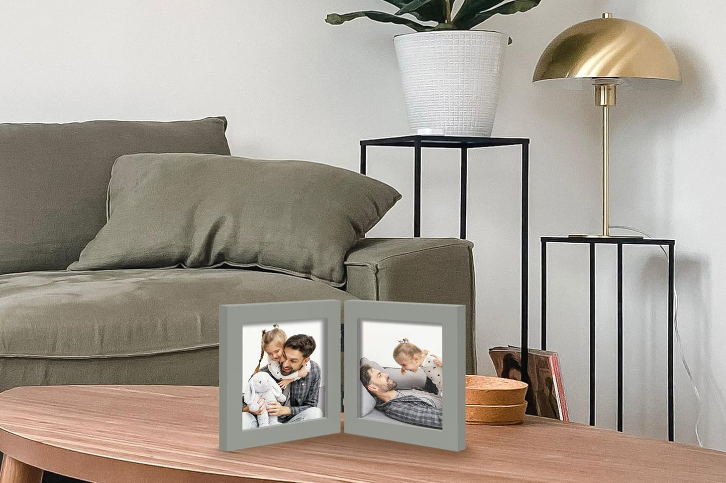Double 4x4 Square Combo, Grey Wood Picture Frame, 3.5x3.5 Opening Foldable Photo Frame on Table-top or Wall
