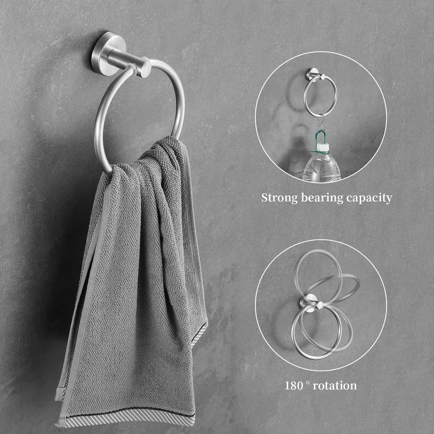 Towel Bar Set Brushed Nickel, Bathroom Towel Ring Set 5pcs Including 2pcs 16'' Tower Bar, Towel Ring and 2 PCS Towel Hooks