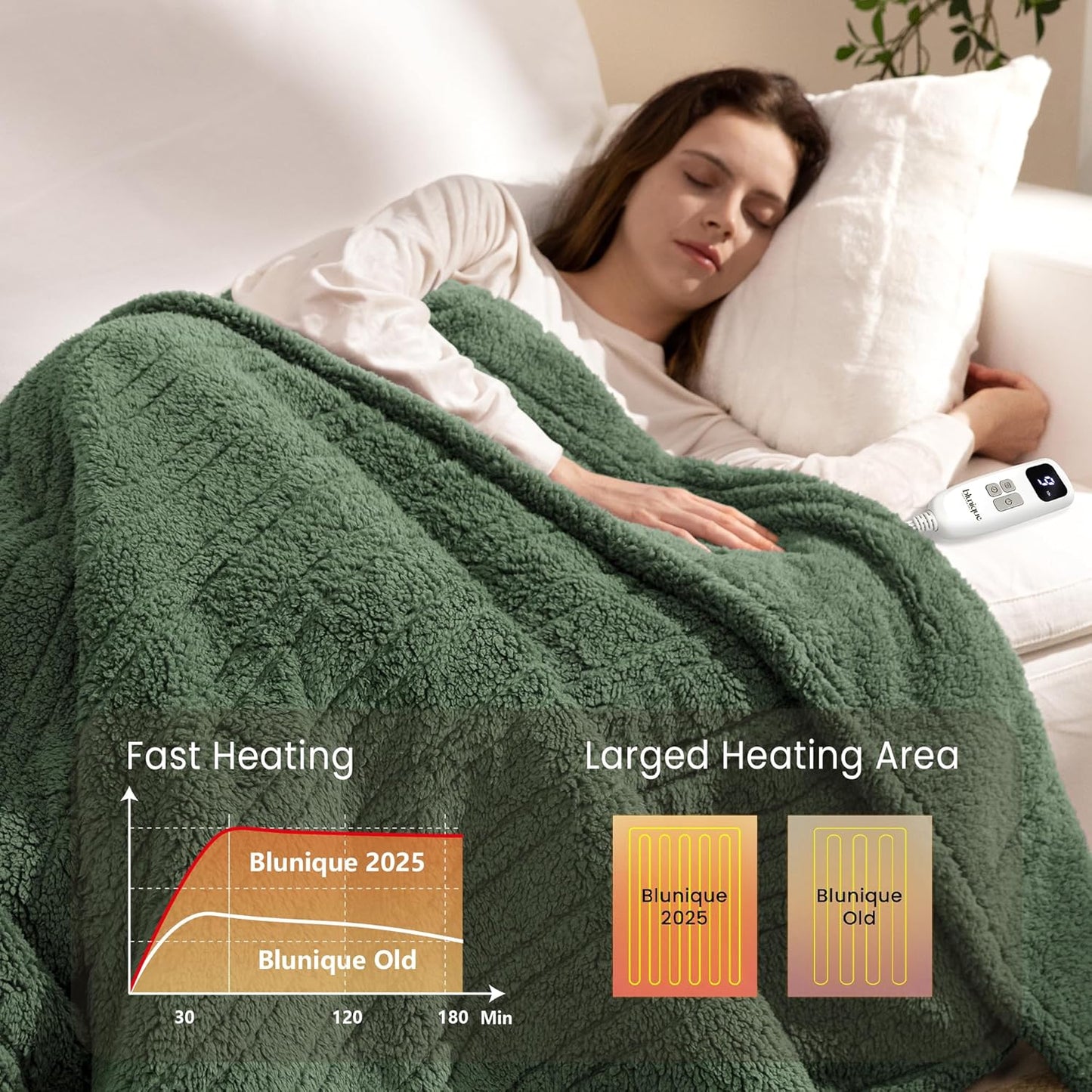 Heated Blanket Electric Blanket King - Fast Heating Blanket Throw Dual Control Double Sided Sherpa with 10 Heating Levels & 2-10 Hours Auto Off, Mashine Washable, 90 x 100 Inches, Green