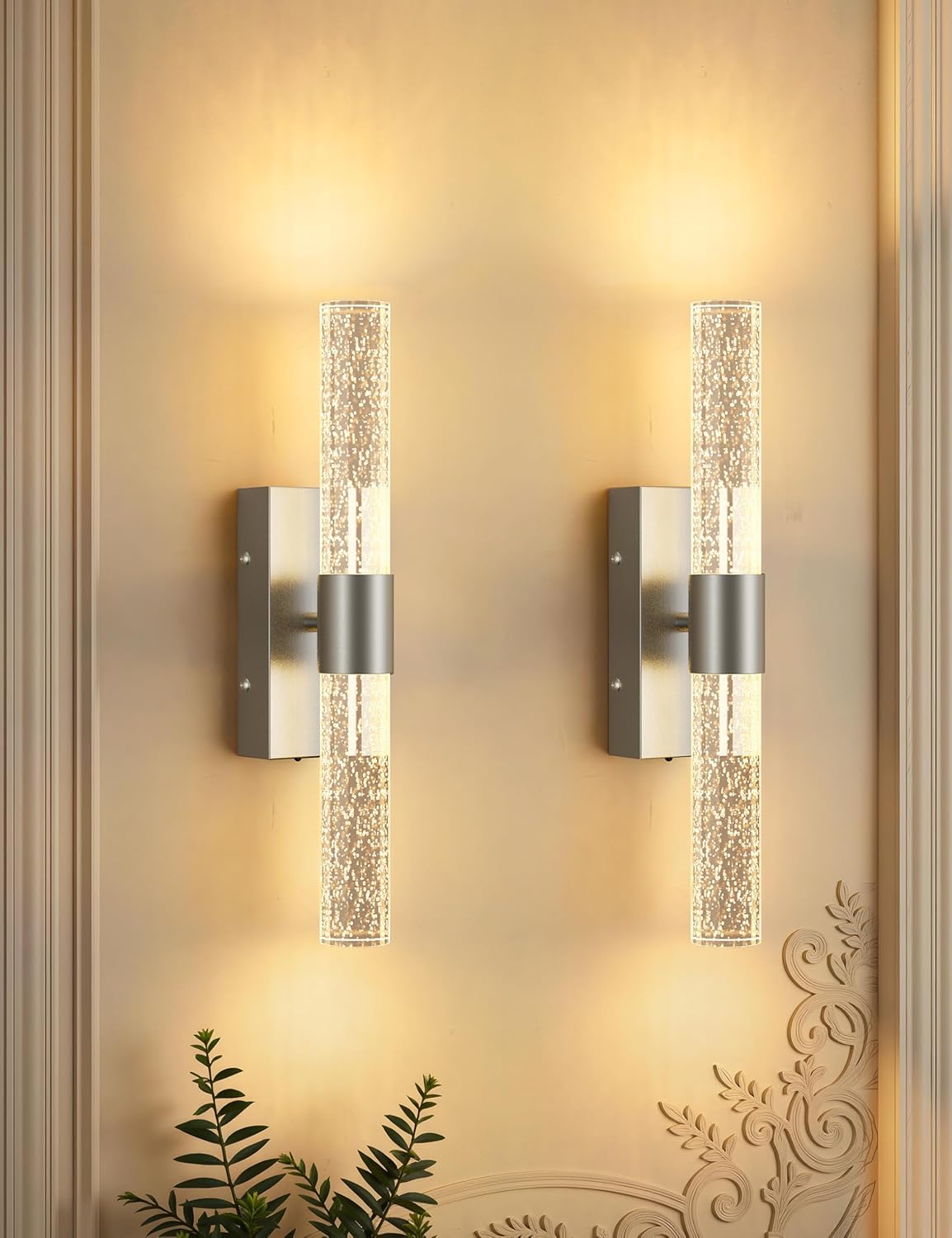 Battery Operated Wall Sconce Set of 2,3CCT Dimmable,10400mAh,Silver Modern Rechargeable Wall Sconce with Remote,Wireless Wall Lights for Bedroom,Living room,Hallway(15.3 inch)