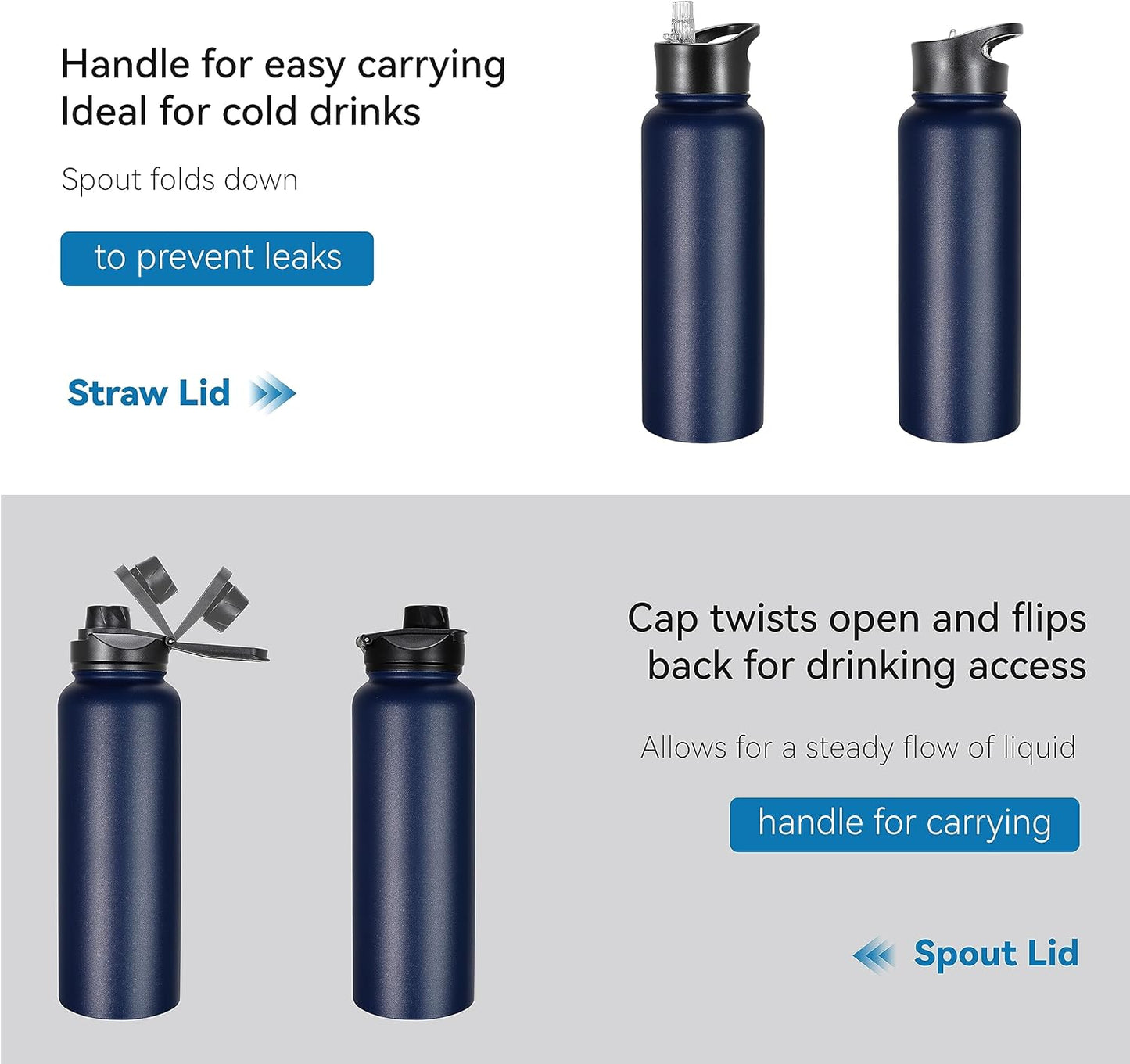 VEGOND 40 oz Insulated Stainless Steel Metal Water Bottle with Leak Proof Straw Lid & Spout Lid, Wide Mouth Double Walled Vacuum Travel Sports Bottle, Navy Blue