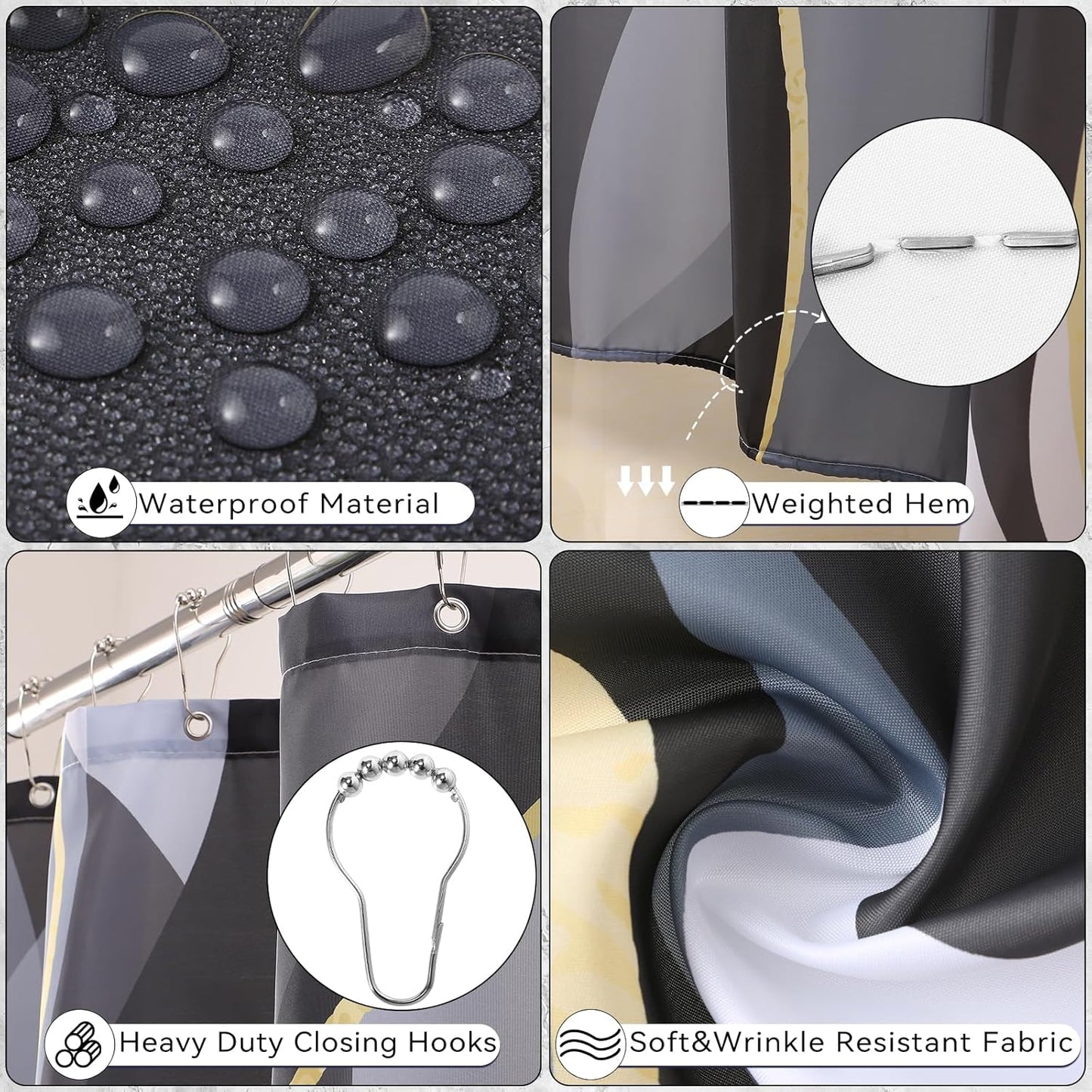 Black Bathroom Set, Bathroom Sets with Stripe Shower Curtain, Black and Gold Bathroom Accessories with Trash Can, Soap Dispenser, Soap Dish, Toilet Brush Holder, Qtip Holders for Bathroom
