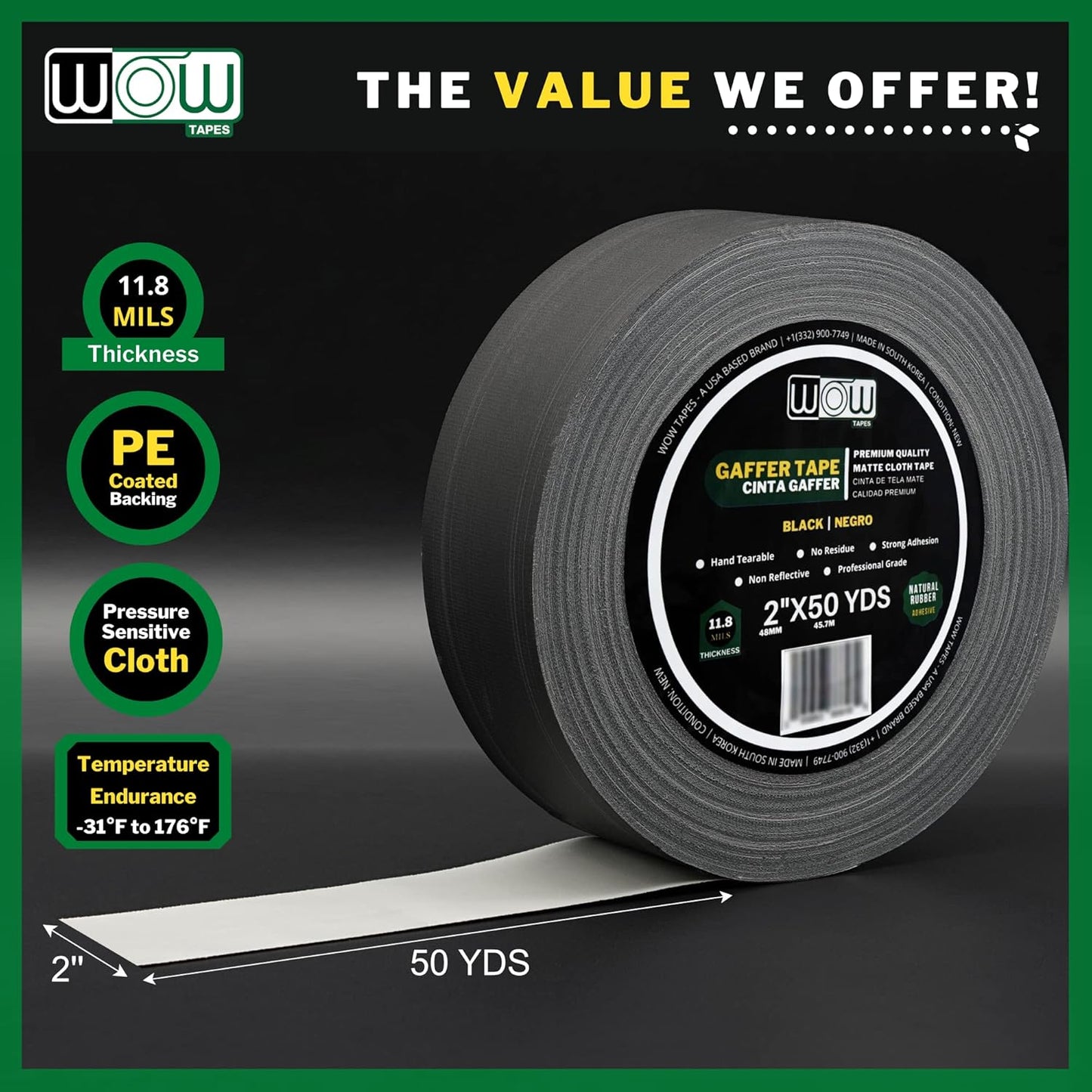 Wow Gaffers Tape 2 Inch Black - 50 Yards (Case of 24), Residue Free, Non-Reflective & Heavy-Duty - Professional Grade Gaff Tape - Ideal for Photography Backdrop, Cables, Cords & Floor Taping
