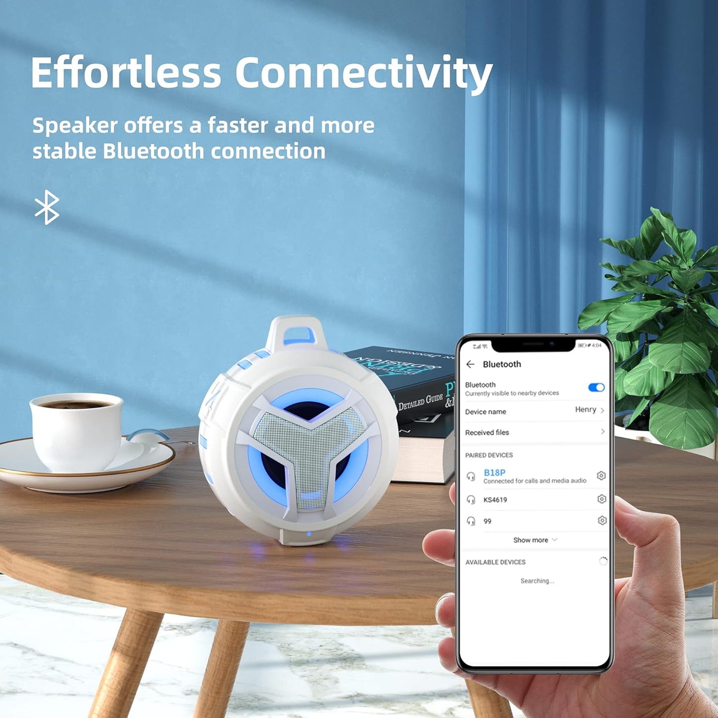 EBODA Bluetooth Shower Speaker, IPX7 Waterproof Portable Wireless Small Speakers, Floating, 2000mAh with Light for Home, Pool, Beach, Boat, Kayak Accessories, Gifts for Men, Women - White