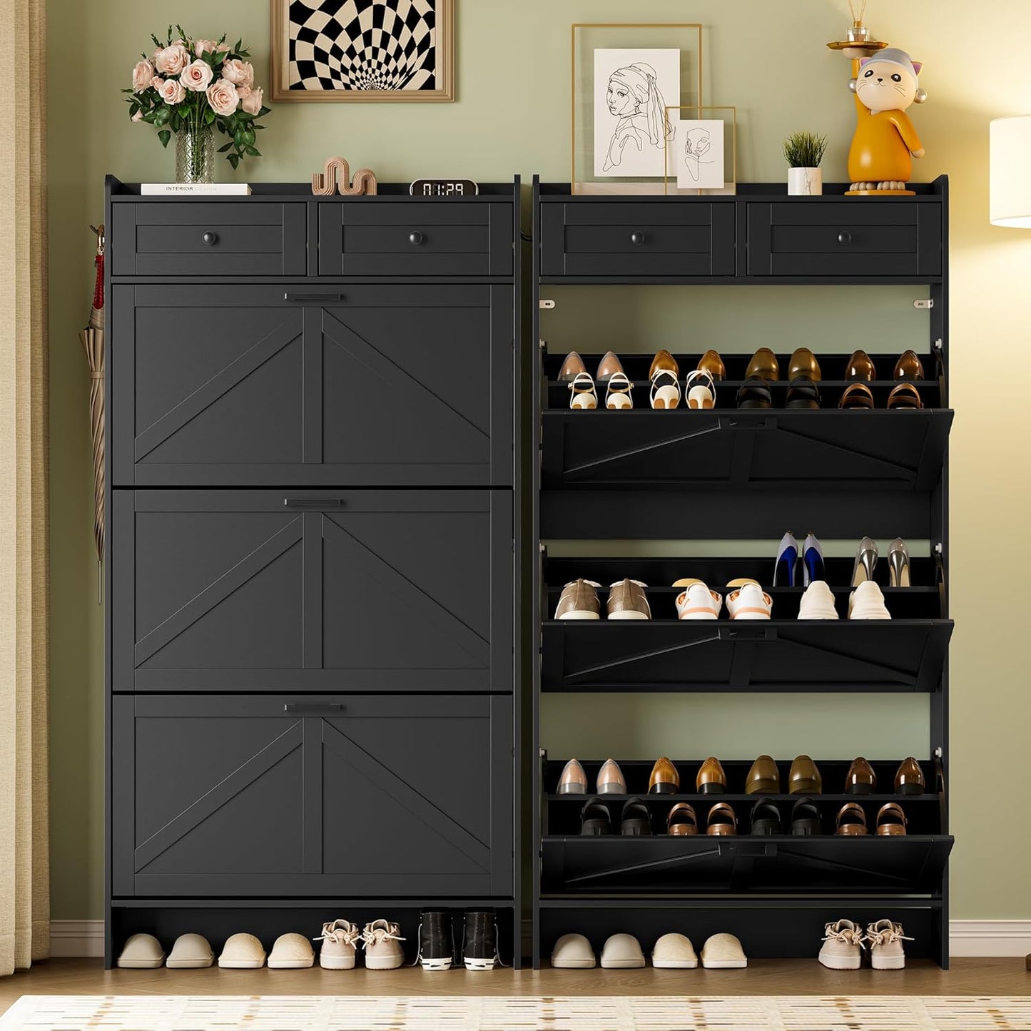 Shoe Storage Cabinet for Entryway, Farmhouse Narrow Shoe Cabinet with 3 Flip Drawers & 2 Top Drawers, Adjustable Shelves & Hooks, Freestanding Hidden Rack Organizer for Hallway, Foyer