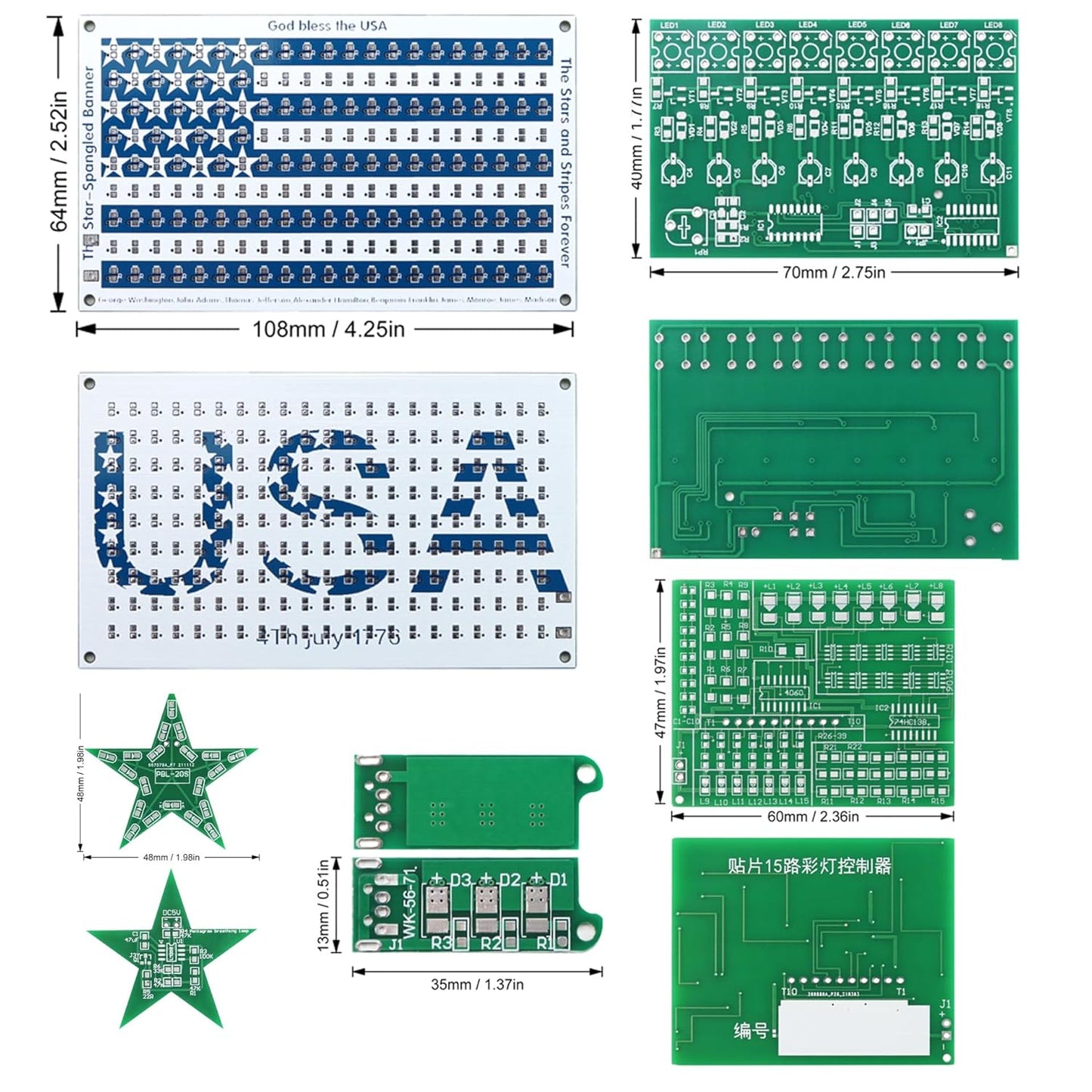 5in1 DIY Soldering practice Kit! Includes Small USA Flag, Star LED, USB Night Light, 15Way Flow & Drip Lights. SMD/SMT projects, ideal for beginners.This exercise kit can unleash your creativity
