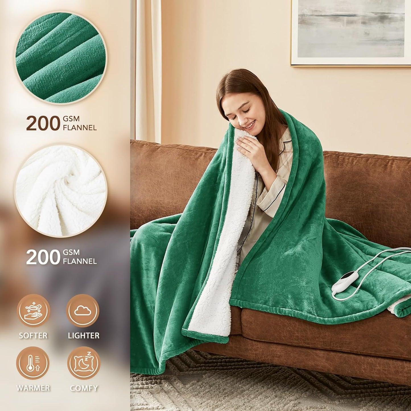 Homemate Electric Heated Blanket Twin Size - 62"x84" Heating Blanket Twin Size 1/2/4/6/8 Hours Auto-Off 10 Heat Level Over-Heat Protection Flannel Sherpa ETL Certification