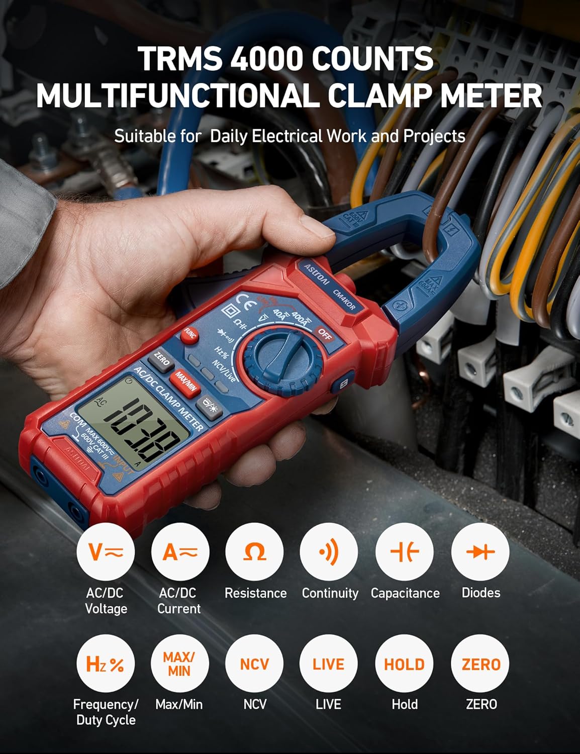 AstroAI Digital Clamp Meter Multimeter 4000 Counts Auto-ranging Amp Tester Measuring AC/DC Voltage & Current, Resistance, Capacitance, Frequency, Continuity, Live Wire Test, NCV Detection, Blue