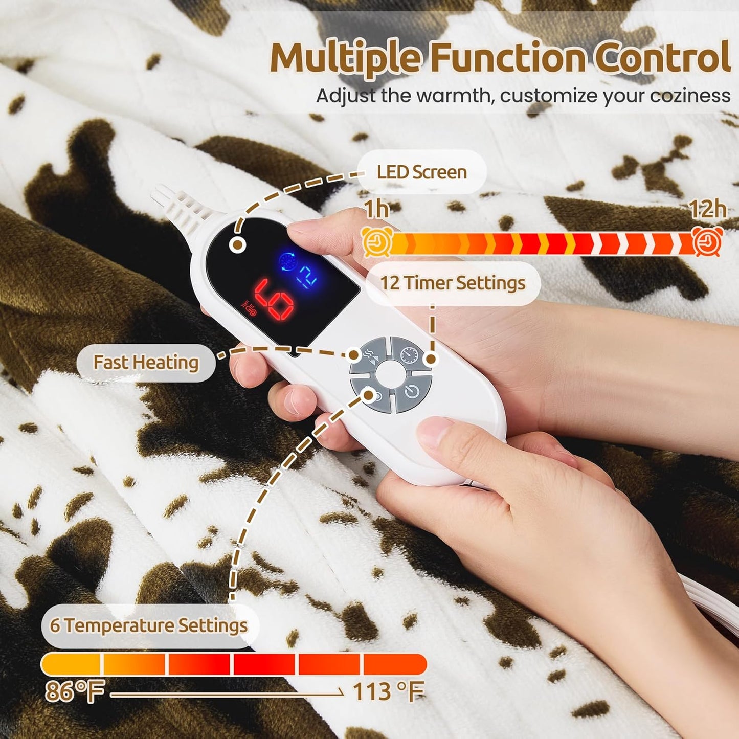 Electric Blanket Twin Size - Reversible Sherpa & Flannel, 62"× 84" Heated Throw Blanket with 6 Heat Settings & 1-12H Timer, Machine Washable, Warm Gift for Women, Brown Cow Print