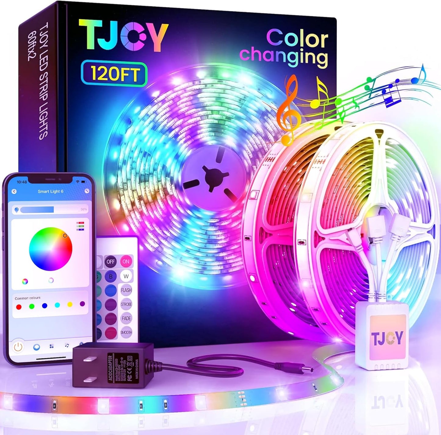 120ft Bluetooth LED Strip Lights,SMD 5050 Music Sync LED Lights Strip,RGB Color Changing LED Lights with Remote,Smart Phone APP Control,LED Lights for Bedroom,Ceiling,Room DIY(APP+Remote +Mic/60ftx2)