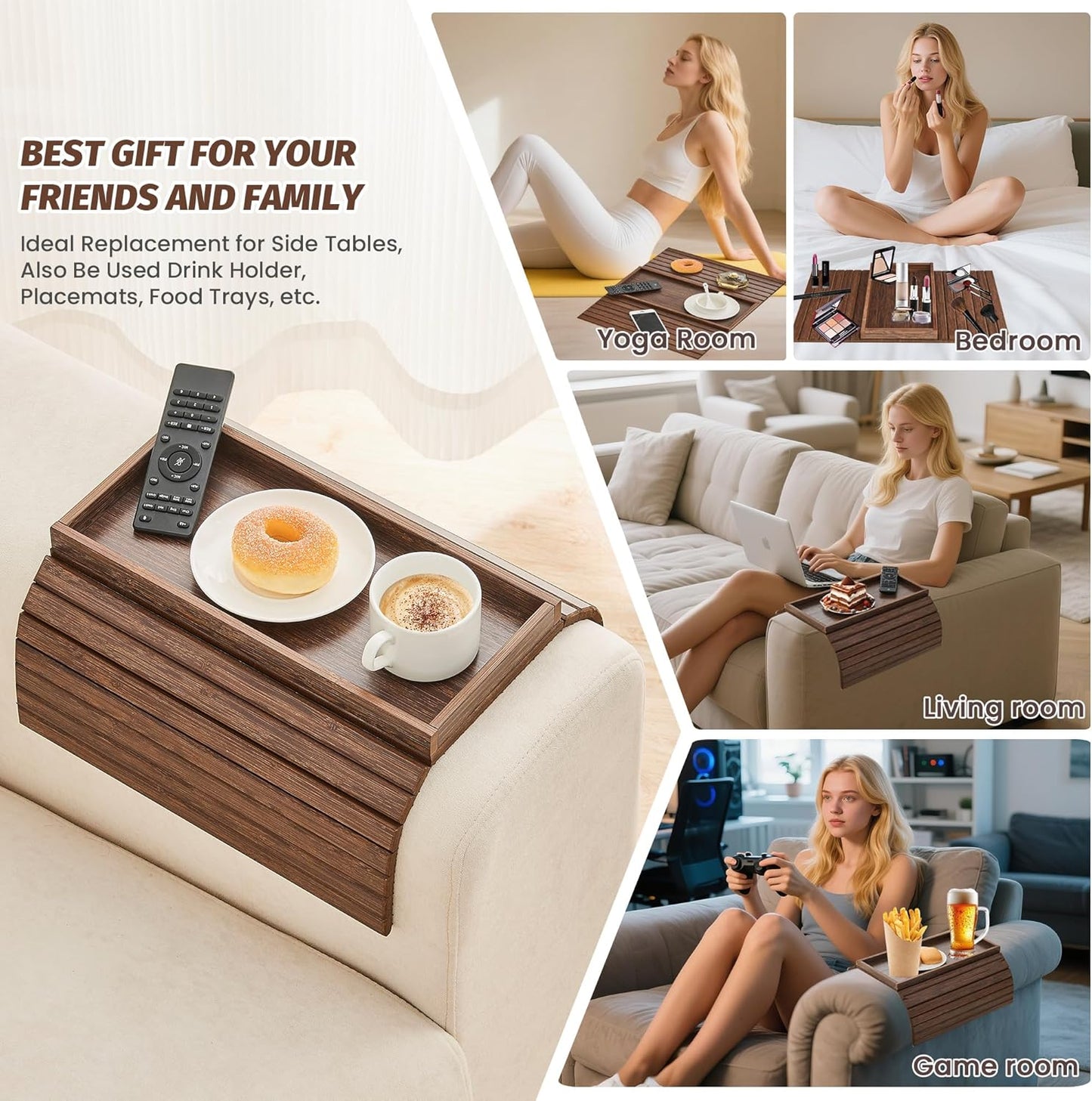 GEHE Bamboo Sofa Arm Tray, Foldable Couch Arm Tray Side Table, Anti-Falling Armrest Tables Cup Holder for Snacks, Drinks, Beers, Phone, Control, Flexible and Portable, Anti-Slip Bottom