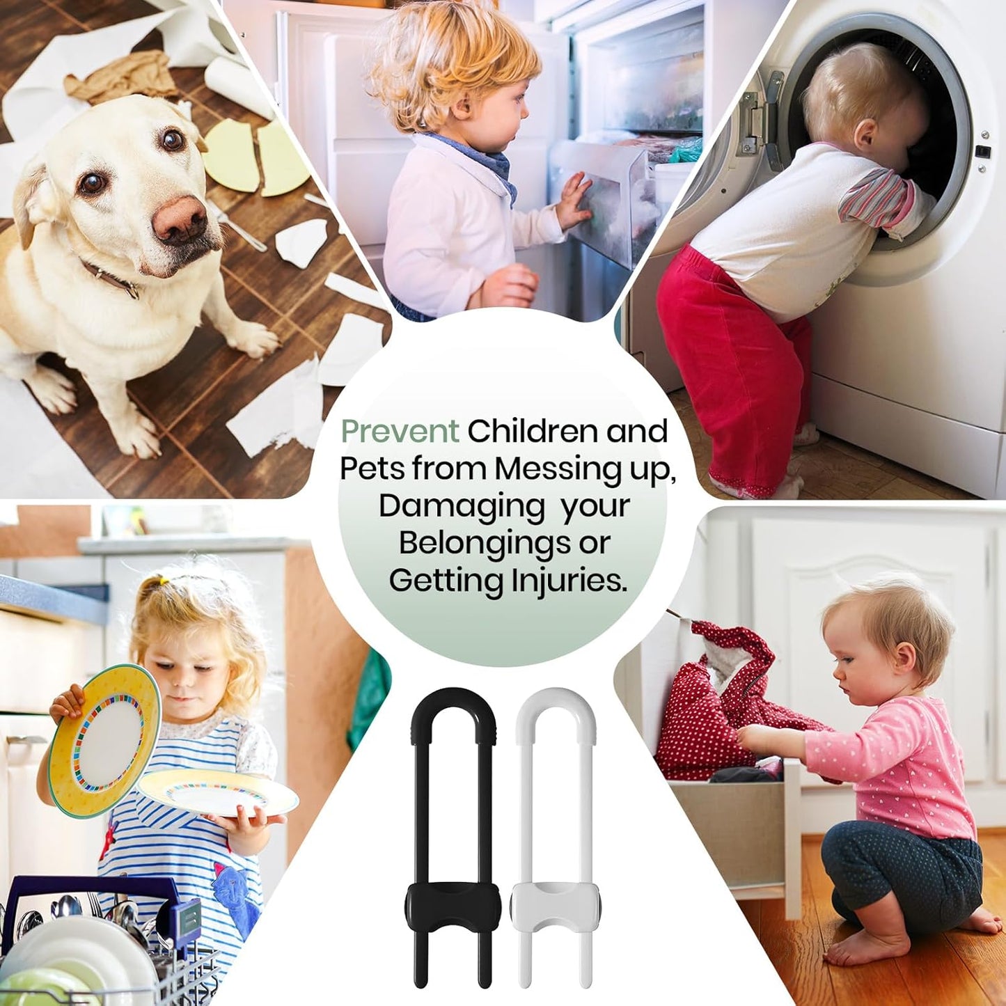 Jetec 10 Pieces Cabinet Locks for Babies, U-Shaped Proofing Drawers Safety Child Locks Adjustable, Easy to Use Childproof Latch for Knob Handle on Kitchen Door Storage Cupboard Closet (White, Black)