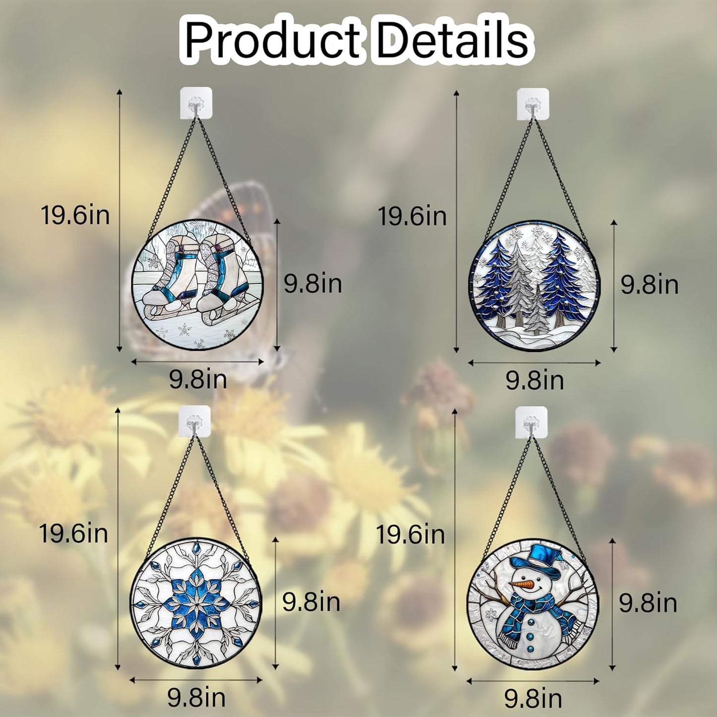 Stained Glass Window Hanging 4 Pcs Set White Winter Christmas Snow Scene 9.8" - Suncatcher Door Garden Sun Catcher Decor Birthday for Mom Woman Nana Men Friend Wife