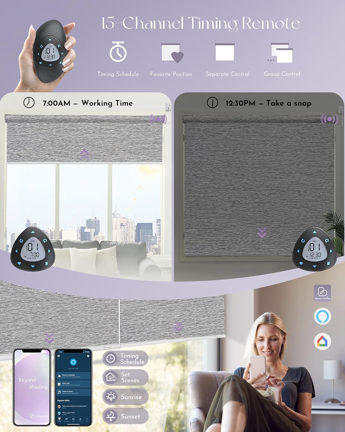 Graywind Smart Blackout Roller Shades Compatible with Alexa Google WiFi Hardwired Textured Gleaming Fabric Motorized Blinds Remote Window Shades, Custom Size (Striped Grey)