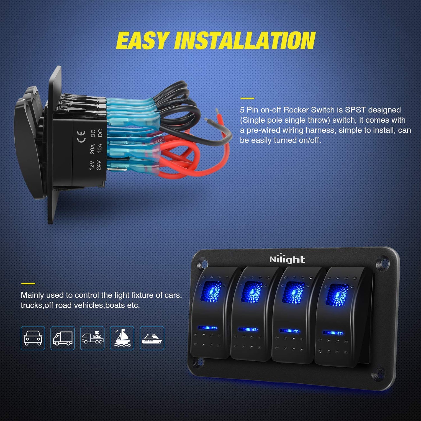 Nilight - 90109D 4 Gang Aluminum Rocker Switch Panel Toggle Dash 5 Pin ON/Off Pre-Wired Rocker Switch Blue Backlit Switch for Automotive Car Marine Boat RV,2 Years Warranty