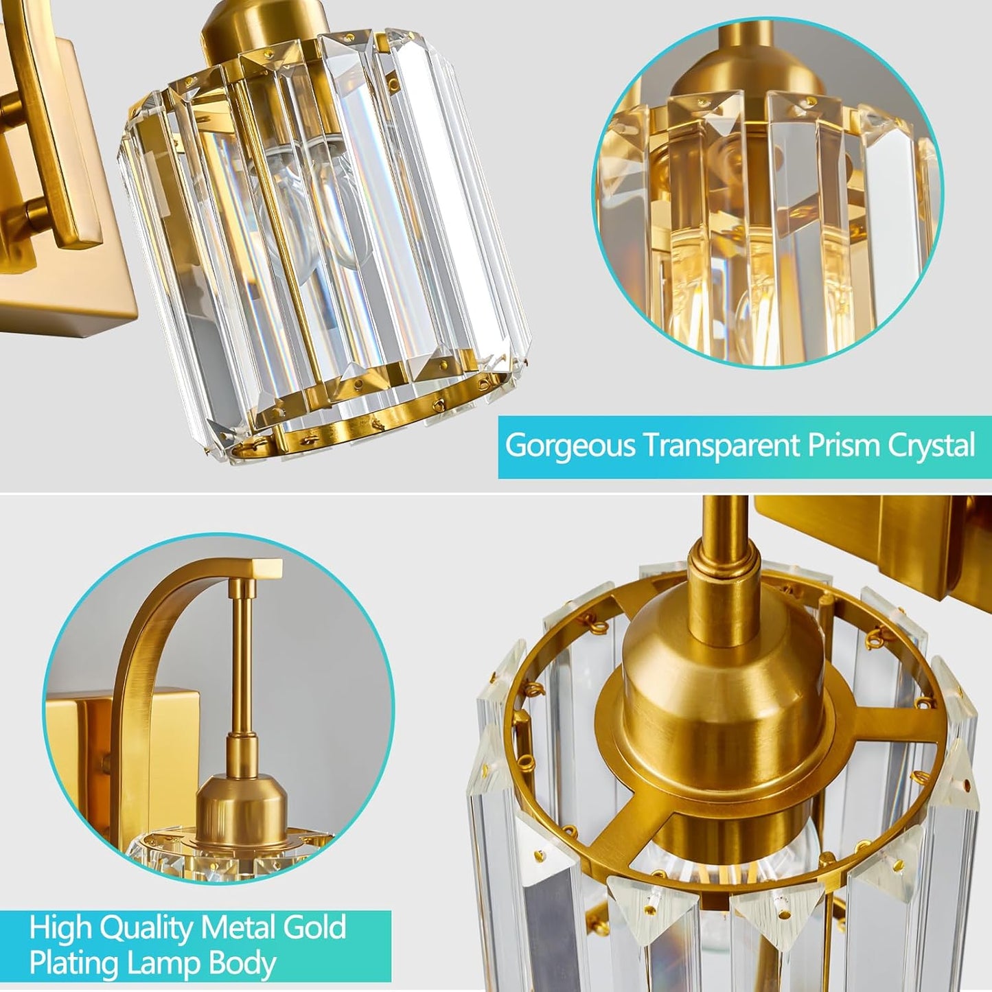 4-Light Crystal Vanity Light, Modern Gold Bathroom Wall Sconce with K9 Crystal Shades, 32.67" Long Over Mirror Lighting for Vanity, Makeup, Hallway, Elegant & Easy Install