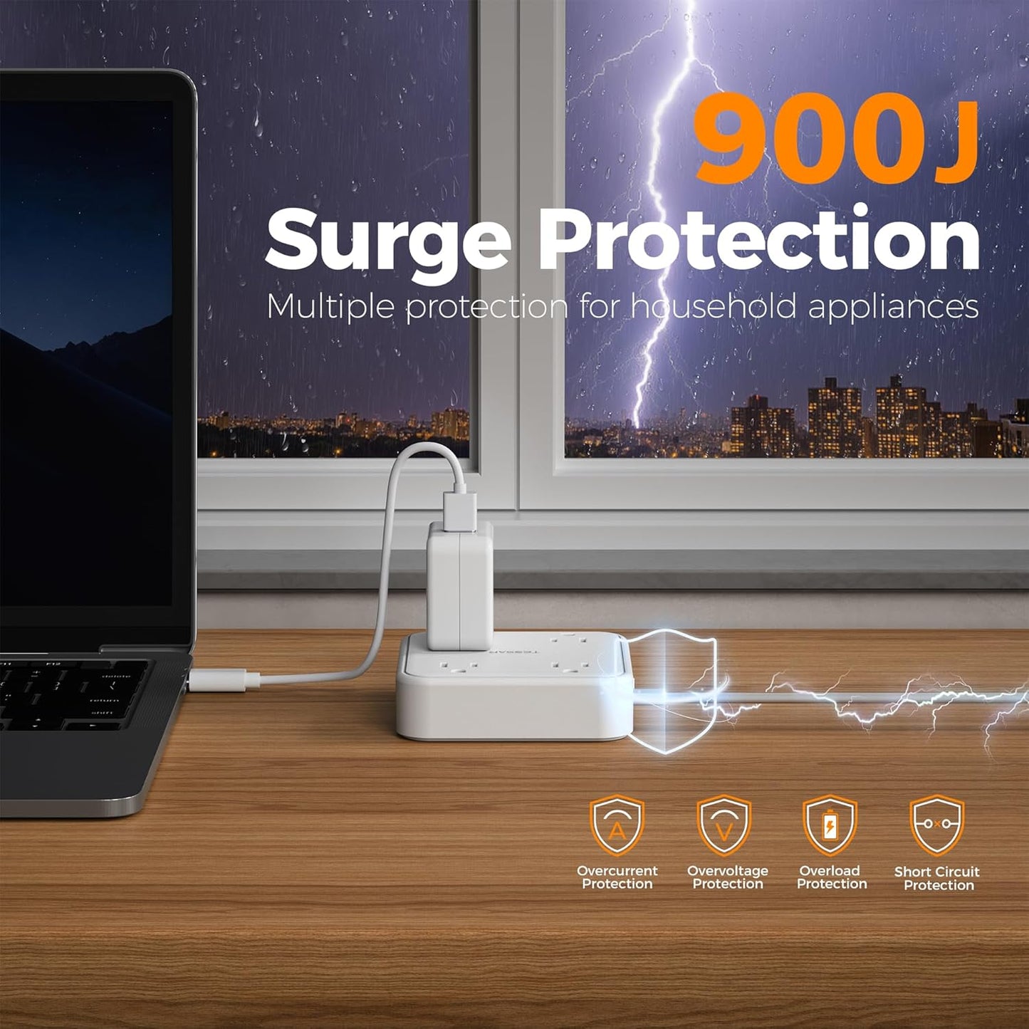 Surge Protector Flat Extension Cord 5FT, TESSAN Flat Plug Power Strip with 4 Outlets 3 USB C Ports (1 USB C), 900 Joules Protection, Multiple Wall Outlet Extender Suitable for Home Office Dorm, White