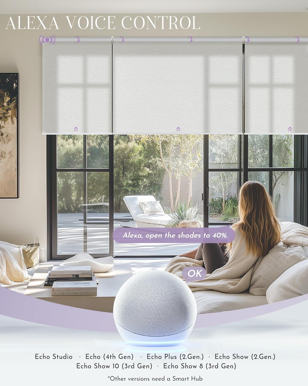 Graywind Smart Coupled Roller Shades Compatible with Alexa Google Custom Size Extra Large Motorized Blinds for Windows(Jacquard White)