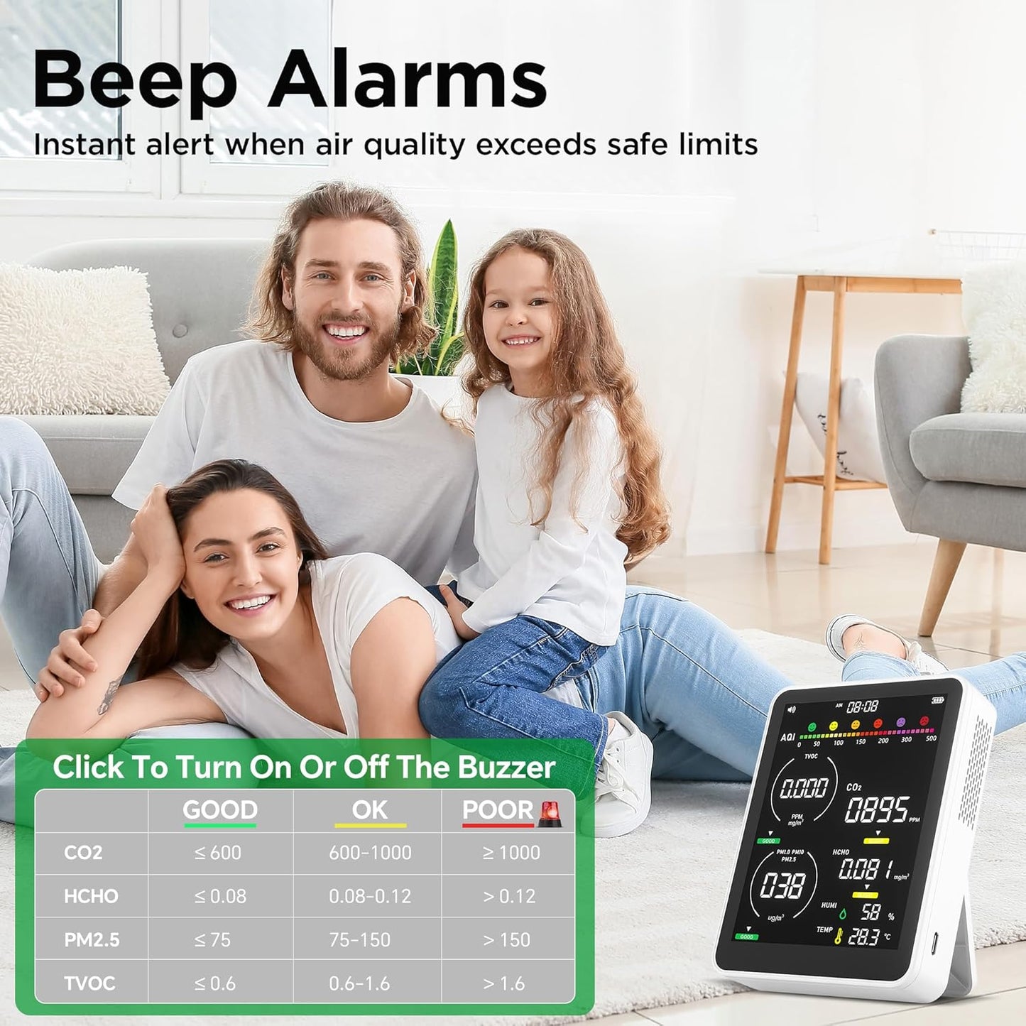 Air Quality Monitor Indoor,13-in-1 Smart Air Quality Tester with PM 2.5, CO2, TVOC, HCHO, PM1, AQI, PM10, Temperature & Humidity, Real Time Display, Battery Powered, for Home & Office (Ice White)