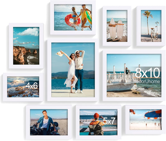 decorUhome Picture Frames Collage Wall Decor for Photo Gallery Display, Assorted Picture Frames set of 10 Including Two 8x10 / Four 5x7 / Four 4x6 for Family Wall Decor, White, 10 Pack