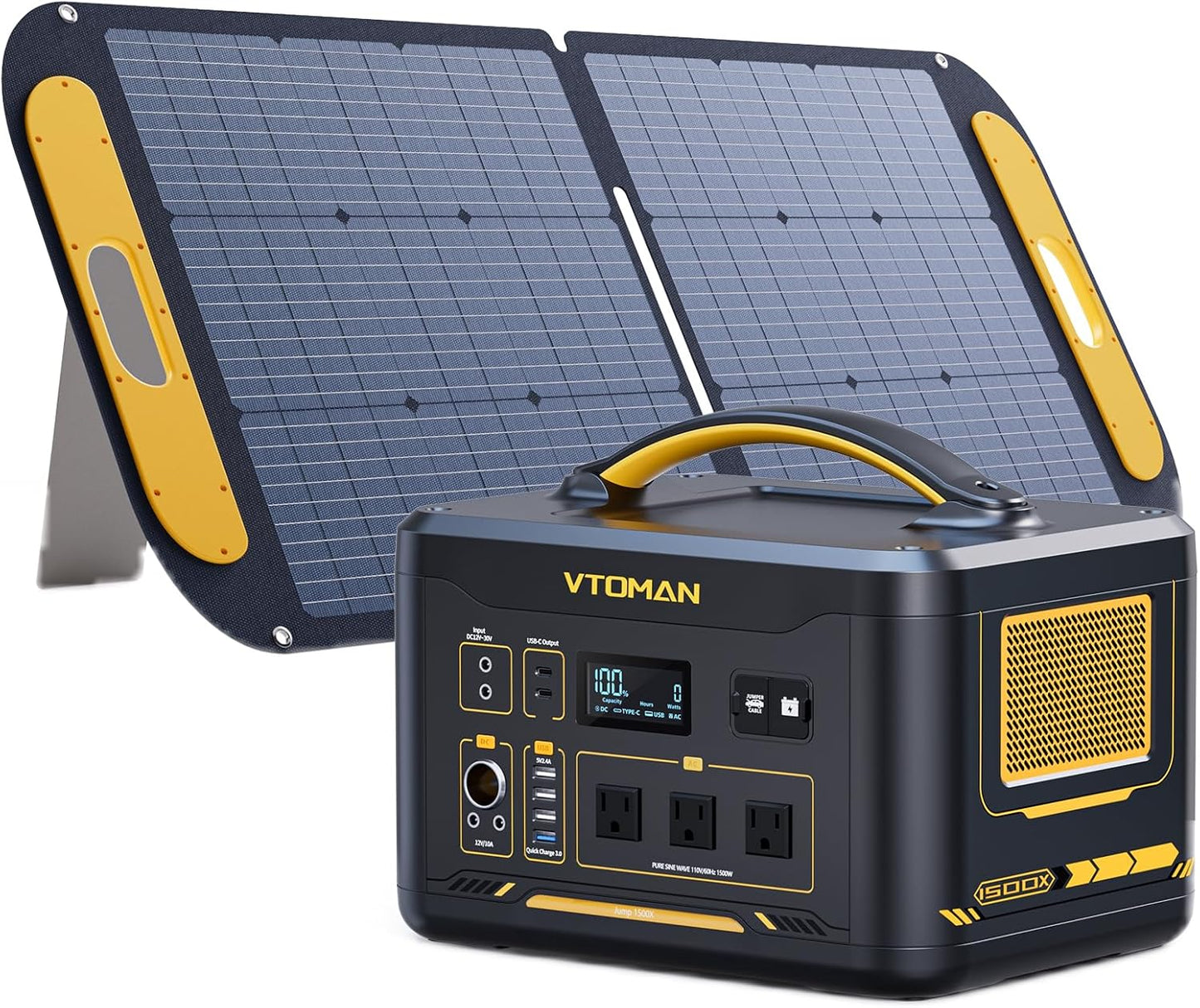 VTOMAN Jump 1500X Portable Power Station with 110W Solar Panel, 828Wh LiFePO4 Battery Solar Generator with 1500W AC Outlet, Jump Start, PD 100W Type-C for Camping, Home Backup, Outdoor Christmas Party