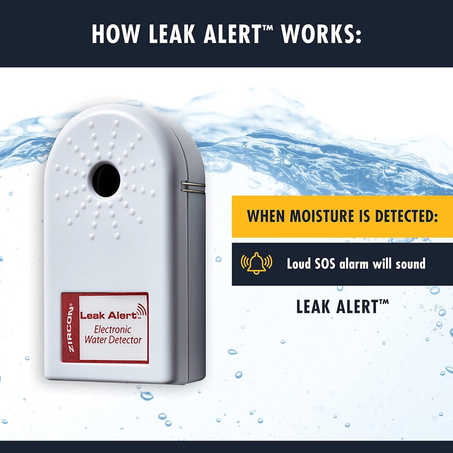 Zircon Leak Alert Water Leak Detector & Flood Sensor Alarm/Water Leak Sensor with Dual Leak Alarms 90dB Audio/Battery Powered (5 Pack) Batteries Not Incuded, (72310)