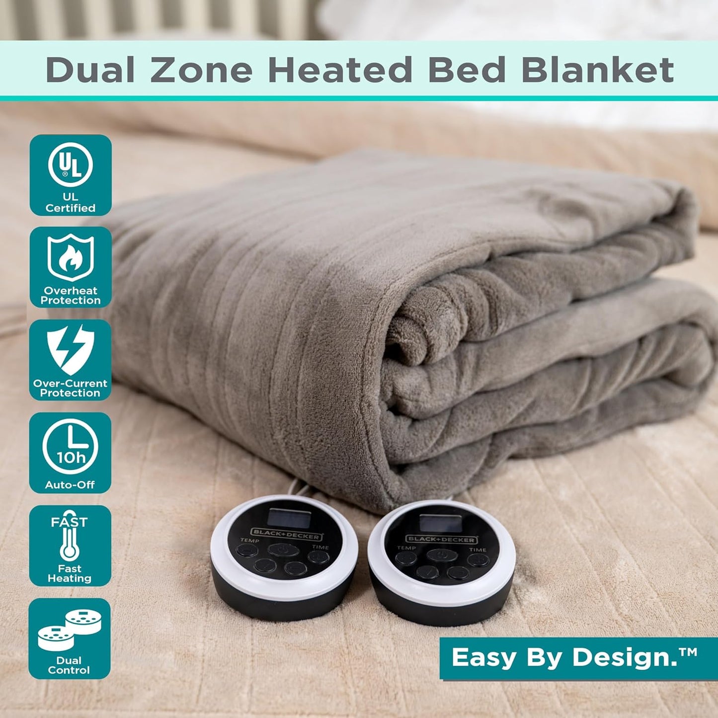 BLACK+DECKER Heated Blanket Electric Queen, Micro Plush Electric Blanket, Heating Blanket with 10 Heating Levels, 10H Timer, Auto Shutoff, Dual Zone Heating, Fast Heating (84x90 inches, Cream)