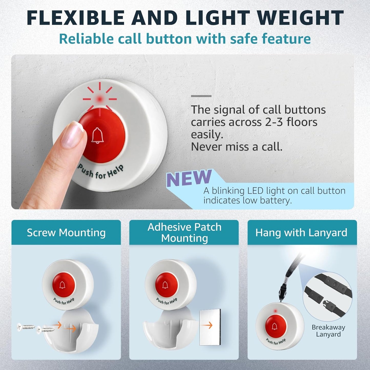 Caregiver Pager Wireless Call Buttons for Elderly at Home for Seniors Adults Patients Nurse Call Light System Alert Button Alarm Emergency with Review Feature