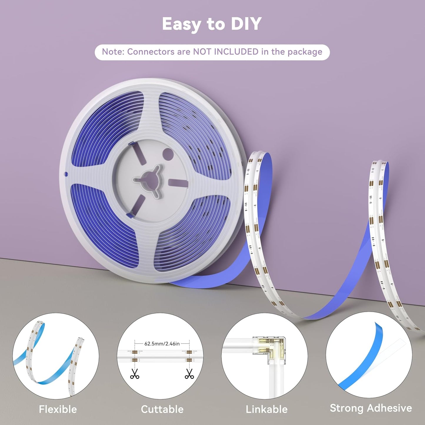 MIWISE RGB COB LED Strip Light 20ft/6.1m,Color Changing Dimmable Strip Light DC24V,Multicolor Flexible Tape Light 10mm Width,for TV,Bedroom,Party DIY Decoration(Power Supply&Controller NOT Included)