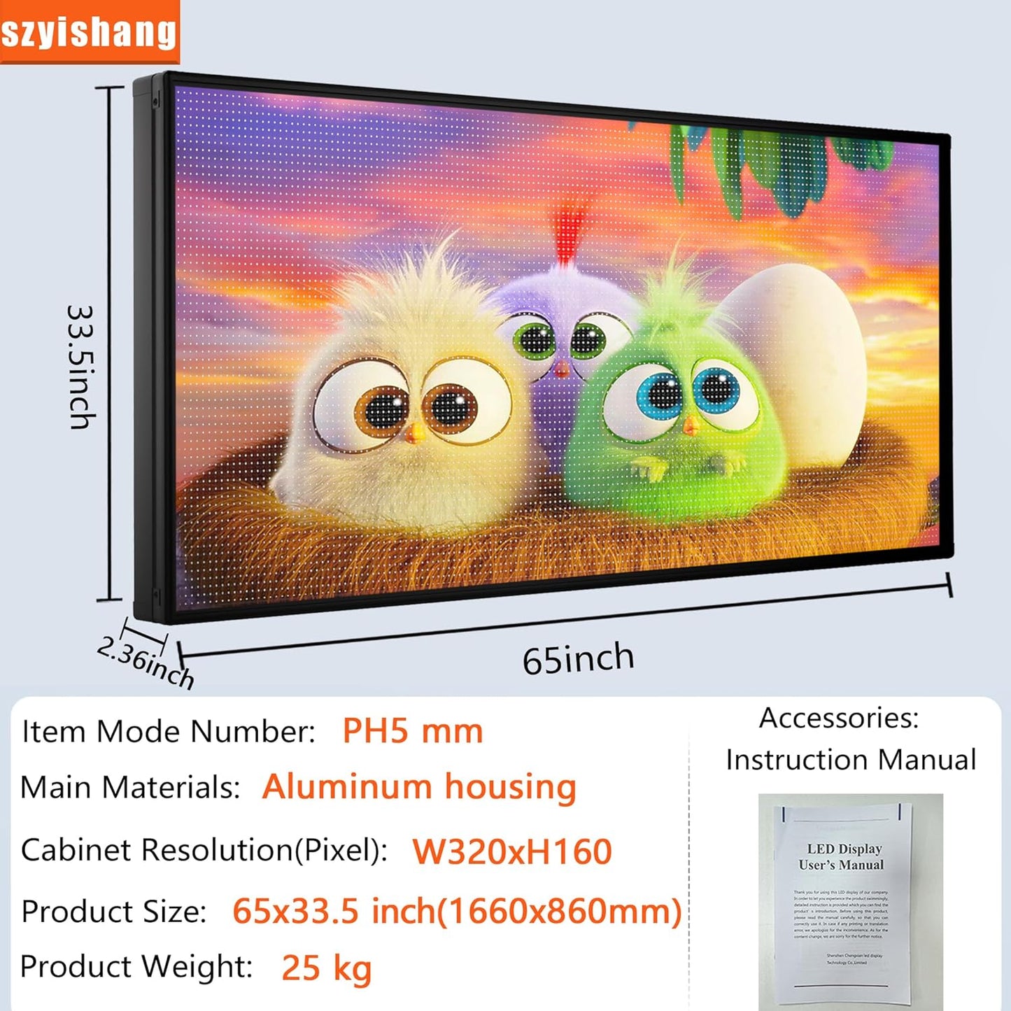 P5 Outdoor IP65 Waterproof 65"x34" Programmable LED Sign Board - Wi-Fi Full Color High-Res Scrolling Display, USB Control, Custom Images & Video for Business