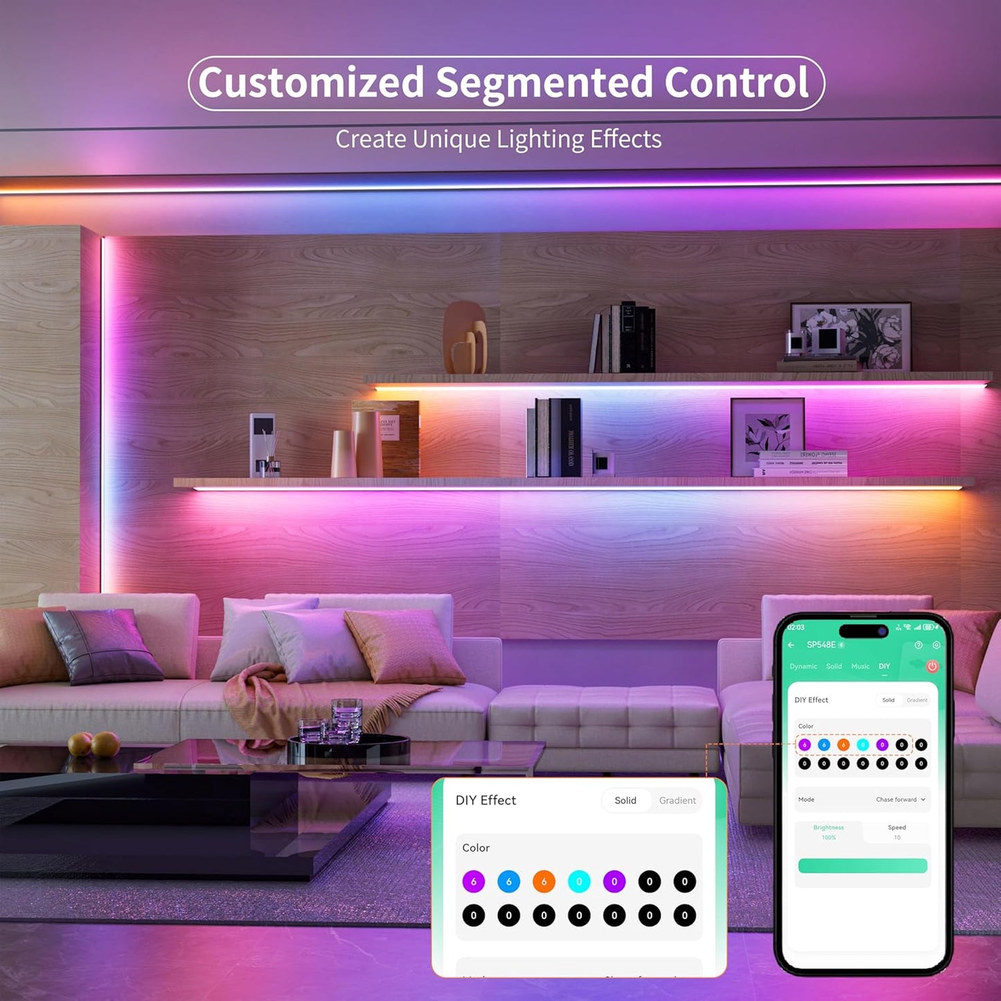 MIWISE RGB Smart IC COB LED Strip Light,20ft Color Chasing Flexible LED Tape Light,WS2811 Addressable RGB Strip with APP Control/Music Mode,Work with Alexa/Google,for Party/Home DIY Lighting Projects