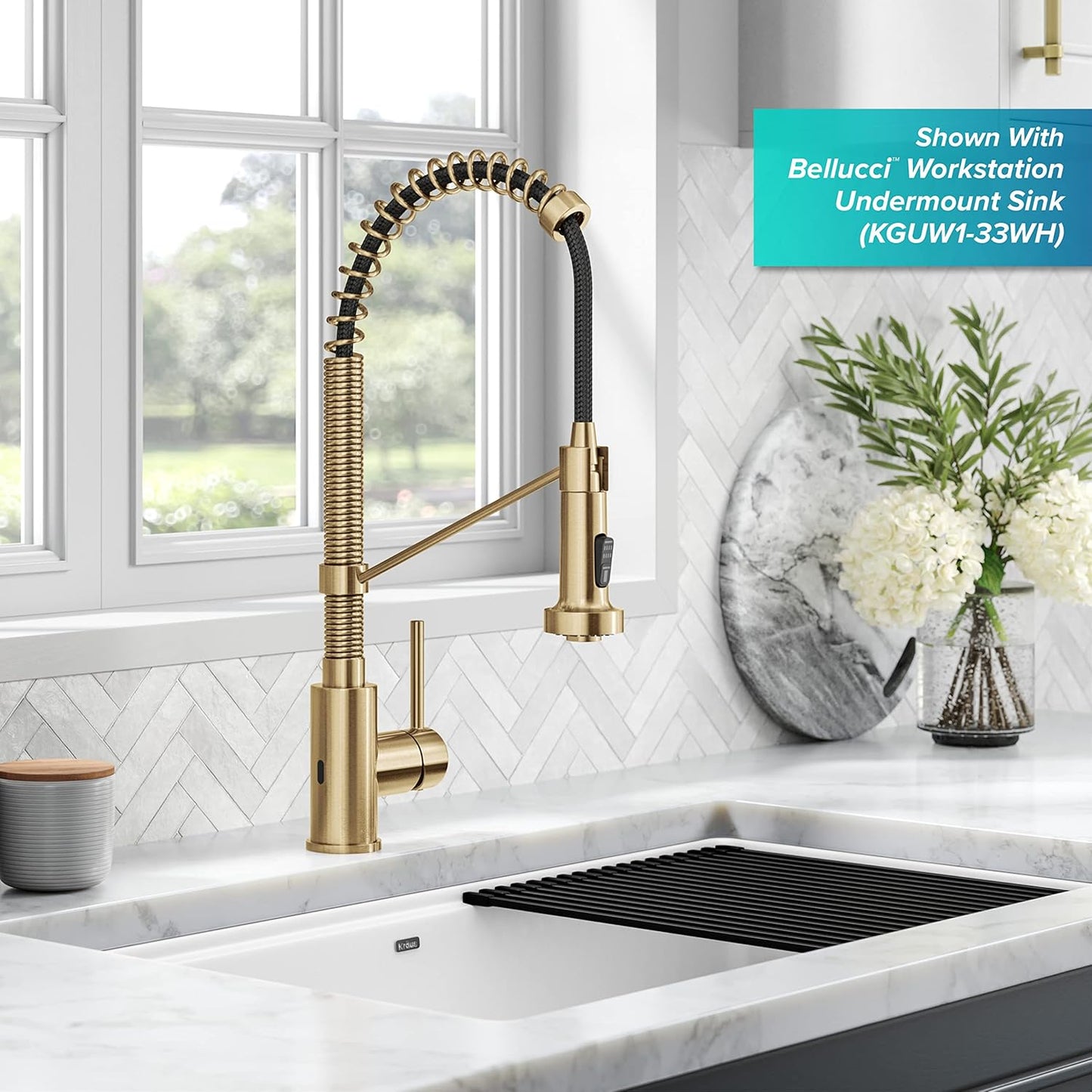 KRAUS Bolden Touchless Sensor Commercial Style 2-Function Single Handle Pull Down Kitchen Faucet in Spot-Free Brushed Brass, KSF-1610BB