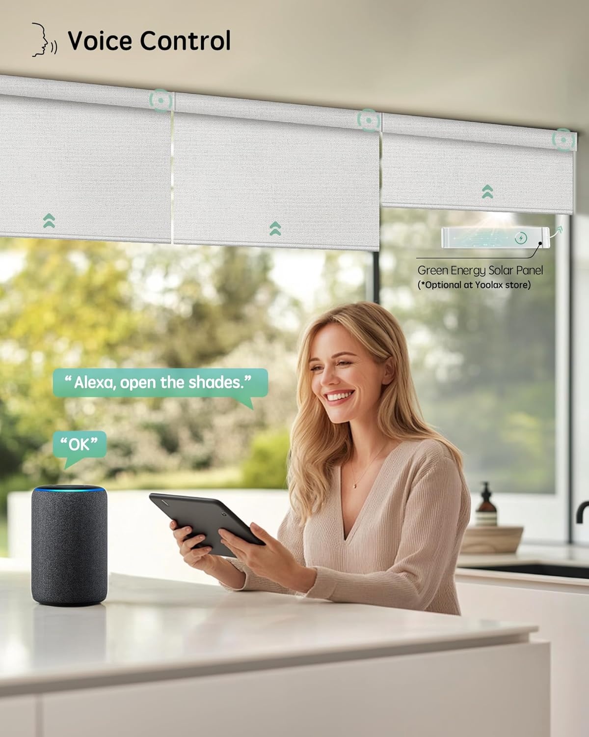Yoolax Motorized Blinds with Remote, Smart Blinds for Windows Blackout Automatic Shades Work with Alexa Remote Control Roller Window Shades with Valance, Custom Size (Fabric-Greyish White)