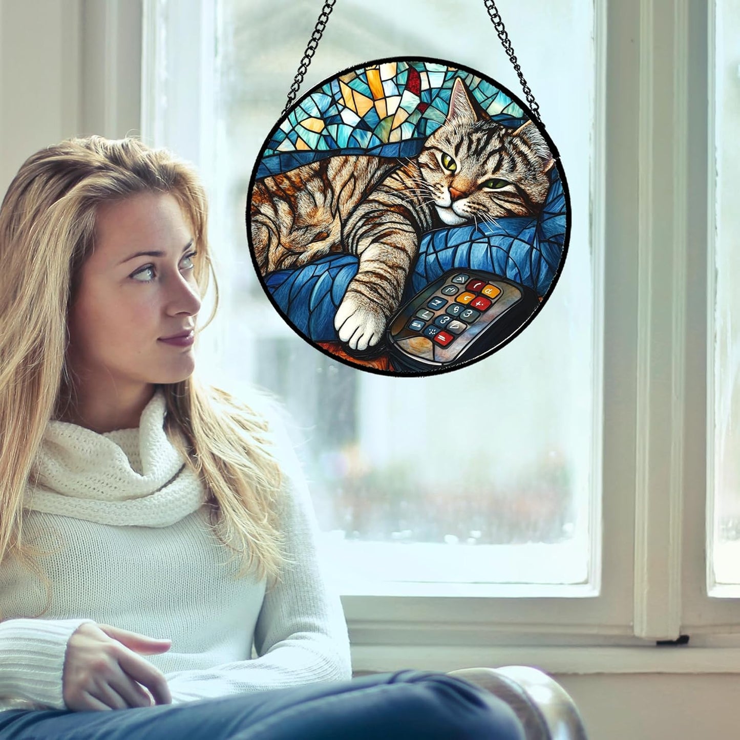 Stained Glass Window Hanging Gray Cat and Remote Control Large 11.8" - Suncatcher Door Garden Kitchen Sun Catcher Home Decor Birthday for Lost Pets Mom Men Woman Friend Grandma