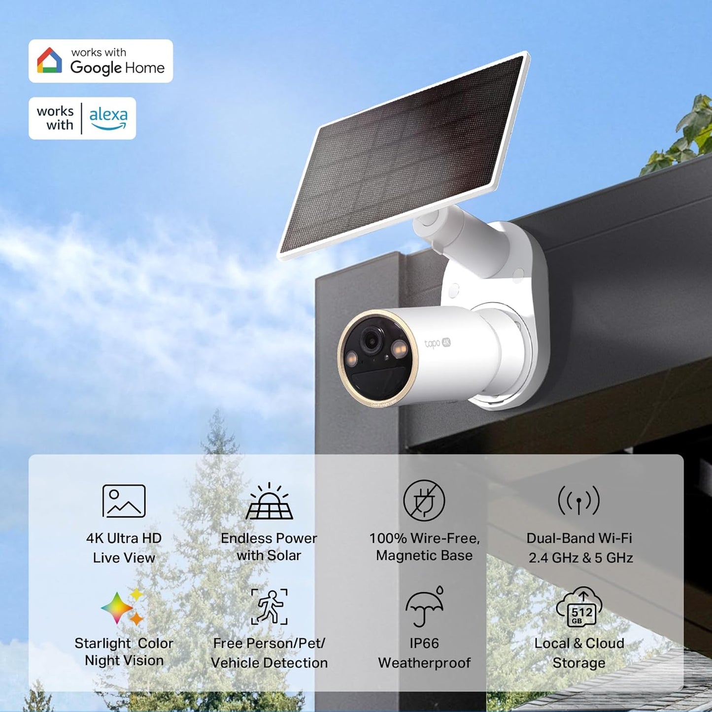 Tapo MagCam 4K Solar, 4K Ultra HD Outdoor Wireless Battery Camera w/Solar Panel – 24/7 Capture, Free Person/Vehicle Detection, Starlight Color Night Vision, Works w/Alexa & Google Assistant