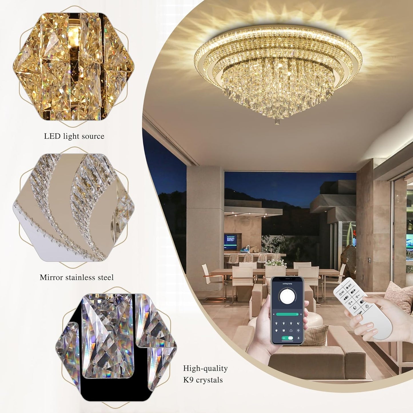 40 inch Flush Mount Crystal Chandeliers with Remote and APP Gold, Modern Elegant LED Crystal Raindrop Ceiling Light Fixture, 3CCT Dimmable, for Living Room Kitchen Island Bedroom Entryway Foyer