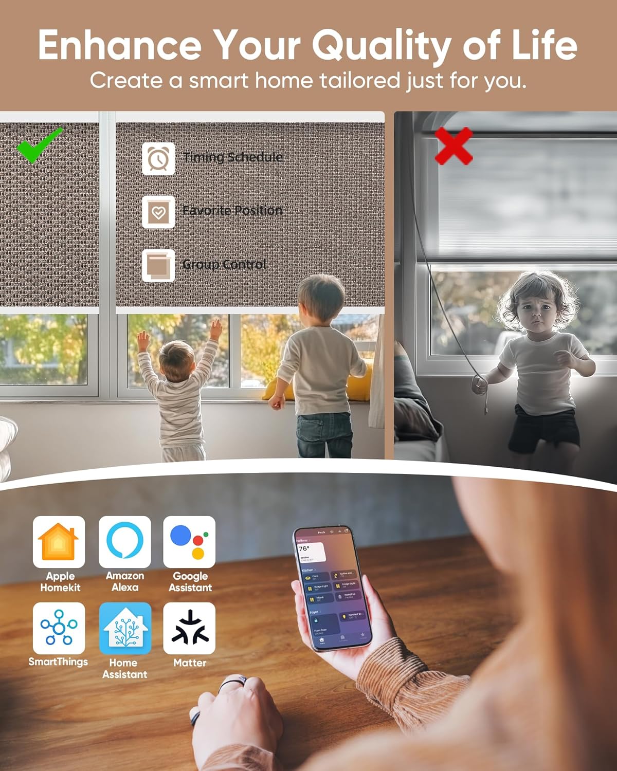 Kincmo Motorized Blinds with Remote,100% Blackout Motorized Roller Shades Work with Apple Homekit,Alexa,Google, Custom Electric Blinds with App,Voice Control (Groove Brown)