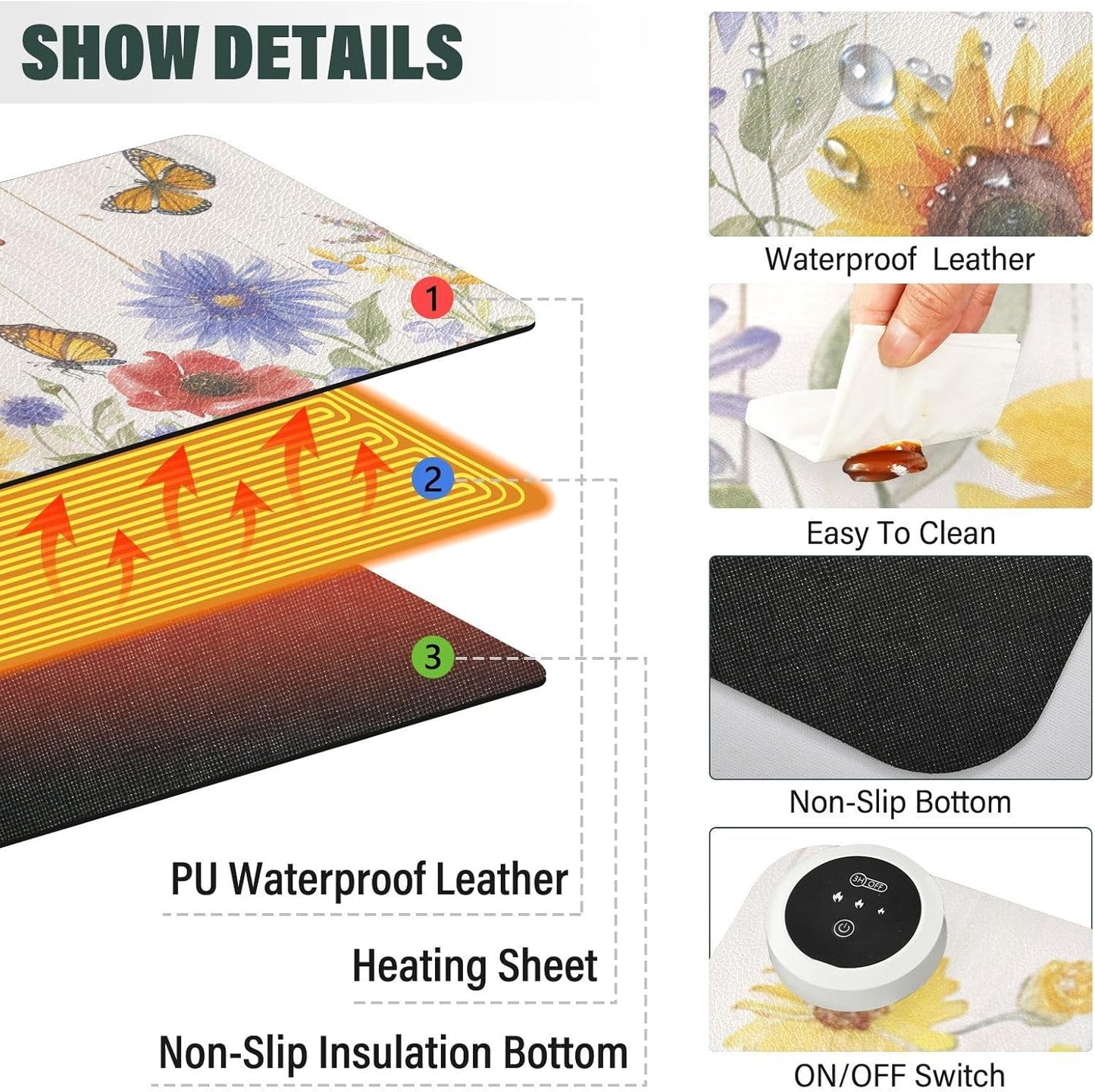 Heated Desk Pad Mouse Pad 31.5x13 Inch PU Leather Desk Mat with 3 Heat Levels Large Mouse Gaming Computer Laptop Mat Watercolor Cornflower Butterfly