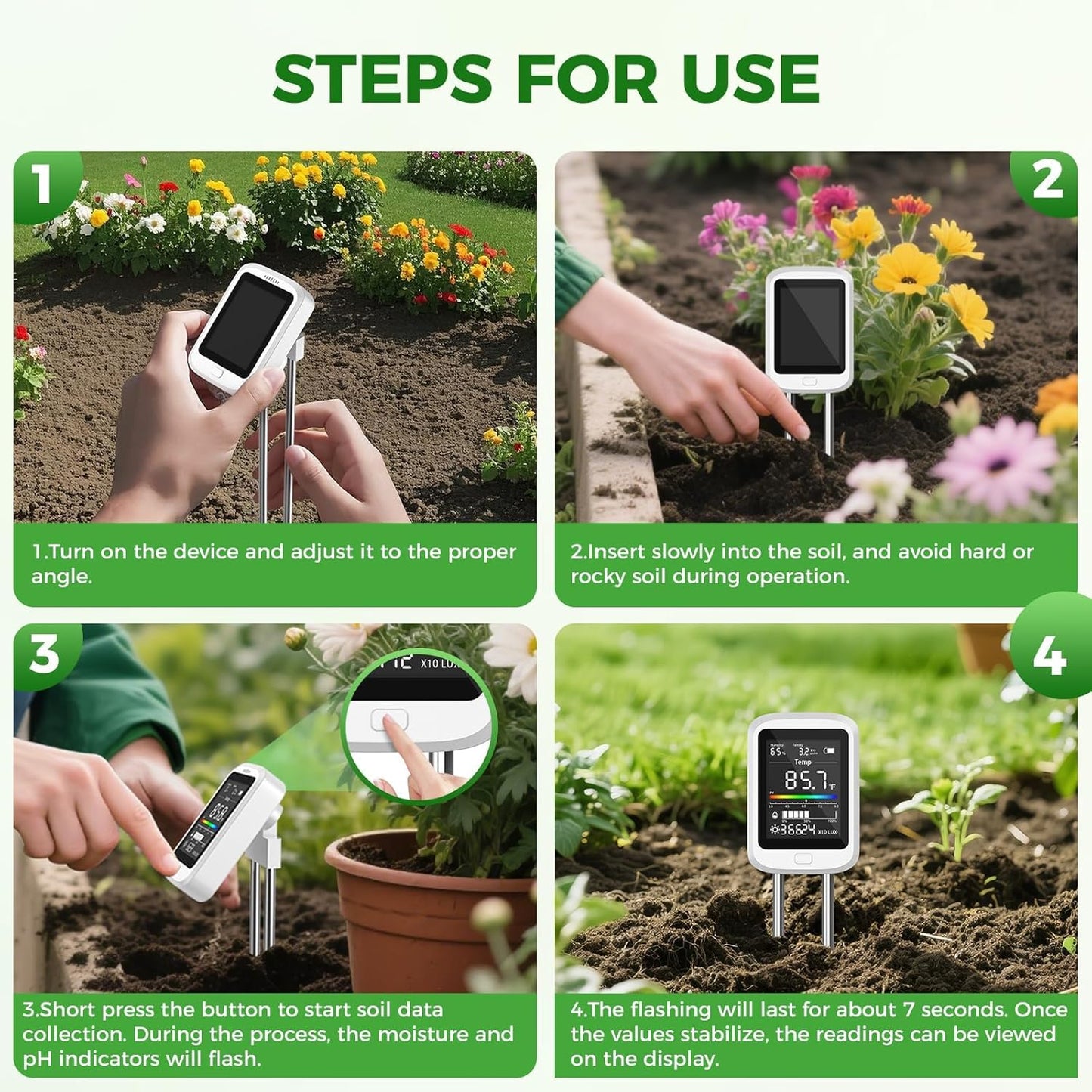 6-in-1 Soil Test Kit for Gardening Deals, Digital pH Meter/Temperature/Sunlight/Fertility/Environmental| Factory-Permanent Calibration