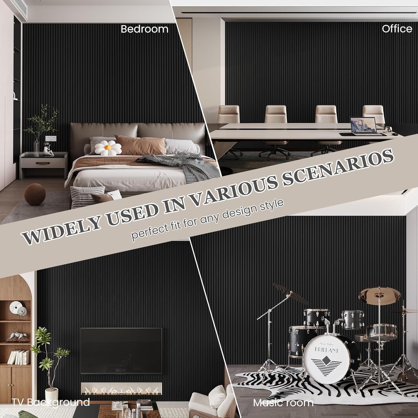 Wood Salt Acoustic Wall Panels, 6 Piece 94" x 7.9" x 0.8" Soundproof Wooden Wall Panels, 3D Fluted Sound Absorbing Panel, Matte Black
