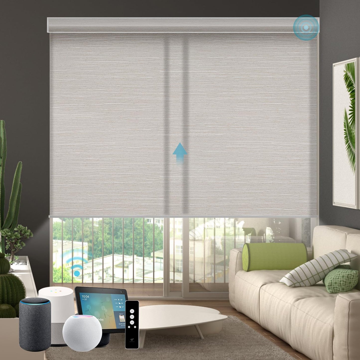 SmartWings Motorized Blind Light Filtering Shade Work with Z-Wave Alexa Thread Homekit, 70% Blackout Smart Window Blinds Translucent, Cordless with Remote Control, Max 110"W x 148"H, Essential Cream