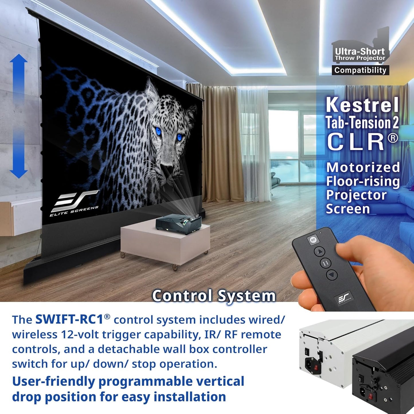 Elite Screens Kestrel Tab-Tension CLR, 121 inch 16:9, Ultra-Short Throw Ceiling Ambient Light Rejecting ALR Electric UST Floor-Rising Projection Motorized Front Projector Screen, FTE121UH3-CLR, Black