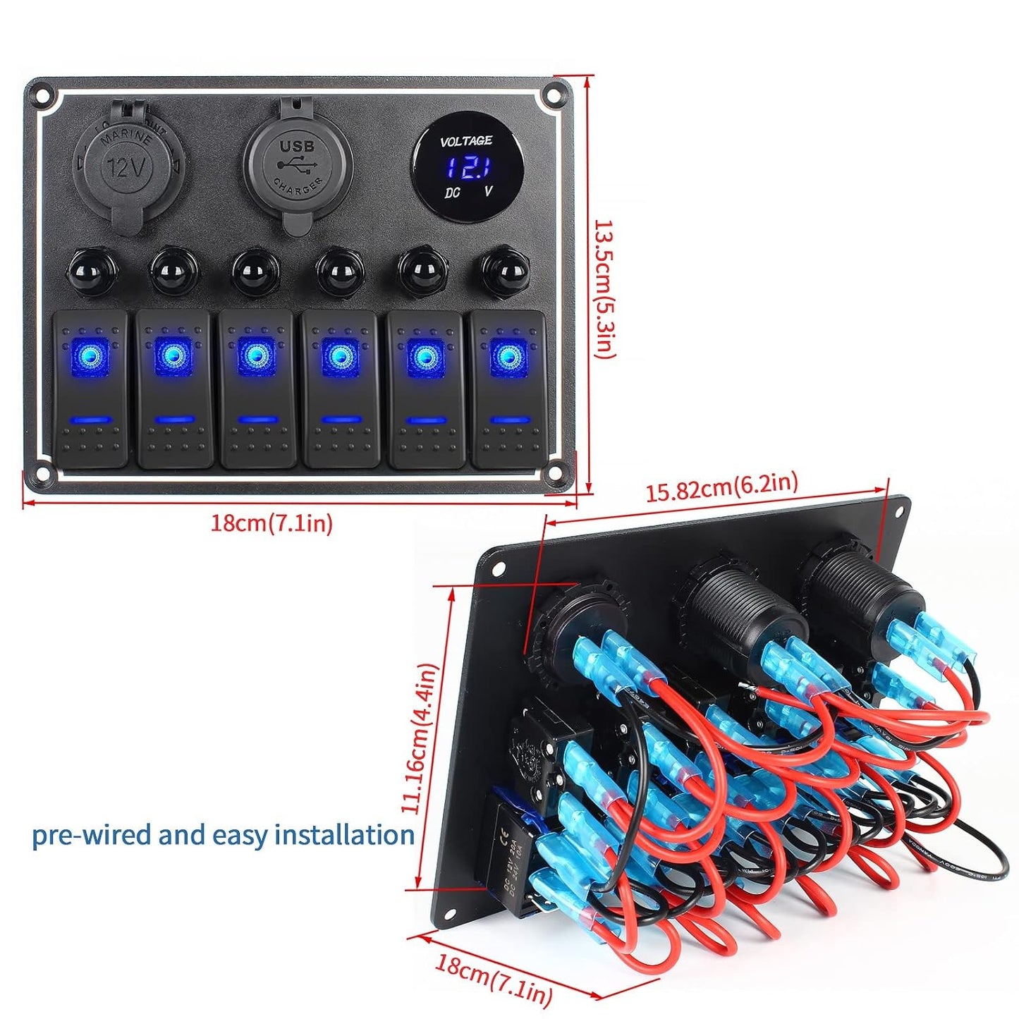 Marine Boat Rocker Switch Panel,Waterproof 6 Gang Multi-Function Toggle Light Switch Panel with Dual USB and Voltmeter Panel for RVs, Cars, Boats, Trucks,Trailers - 12-24V Blue