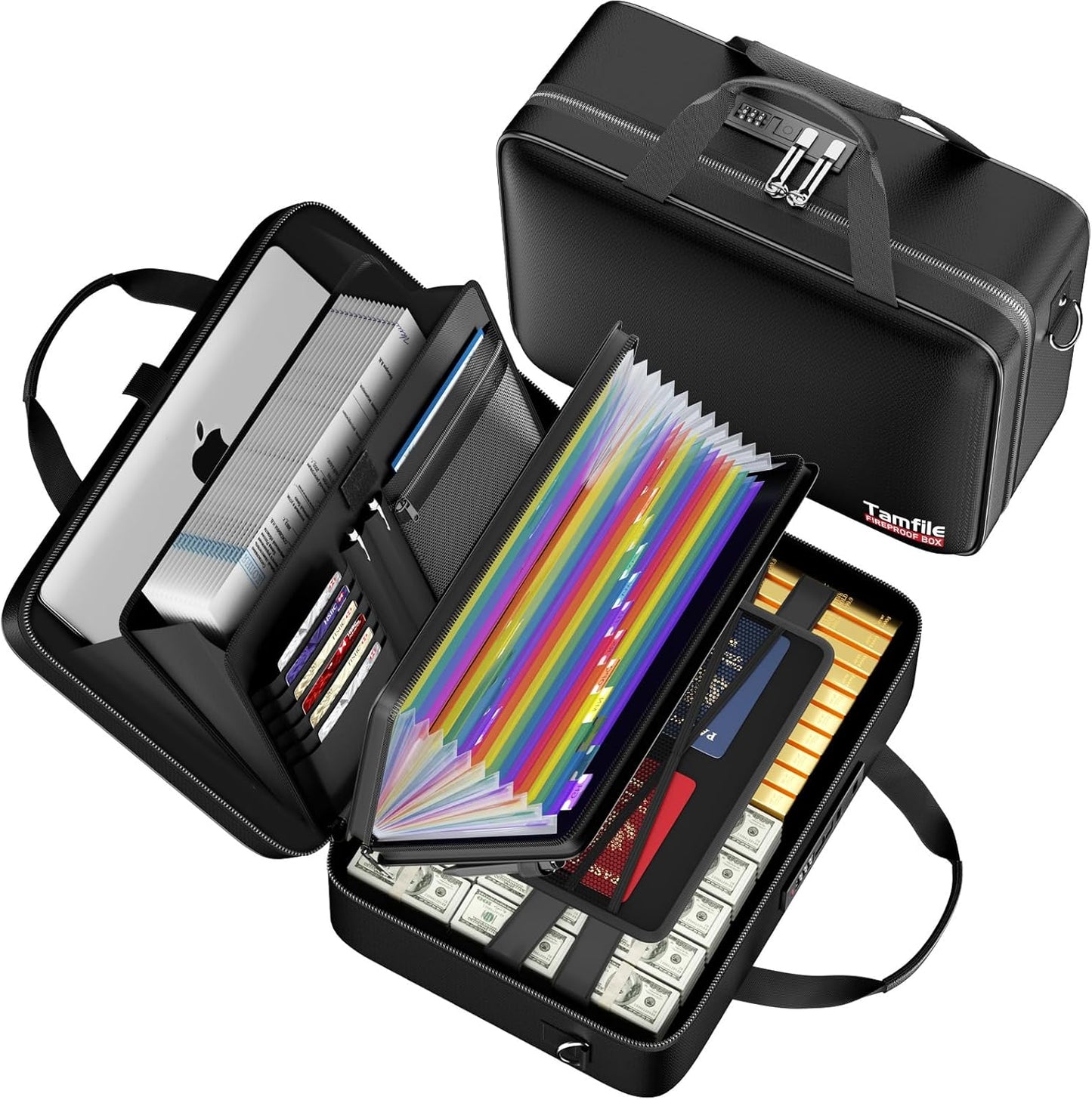 Tamfile Fireproof Document Box with Lock, Hard Case Fireproof Water Resistant File Organizer with 24 Colorful Pockets, Fire Safe Box for Important Documents, Valuables, Laptop, Passports (Black)
