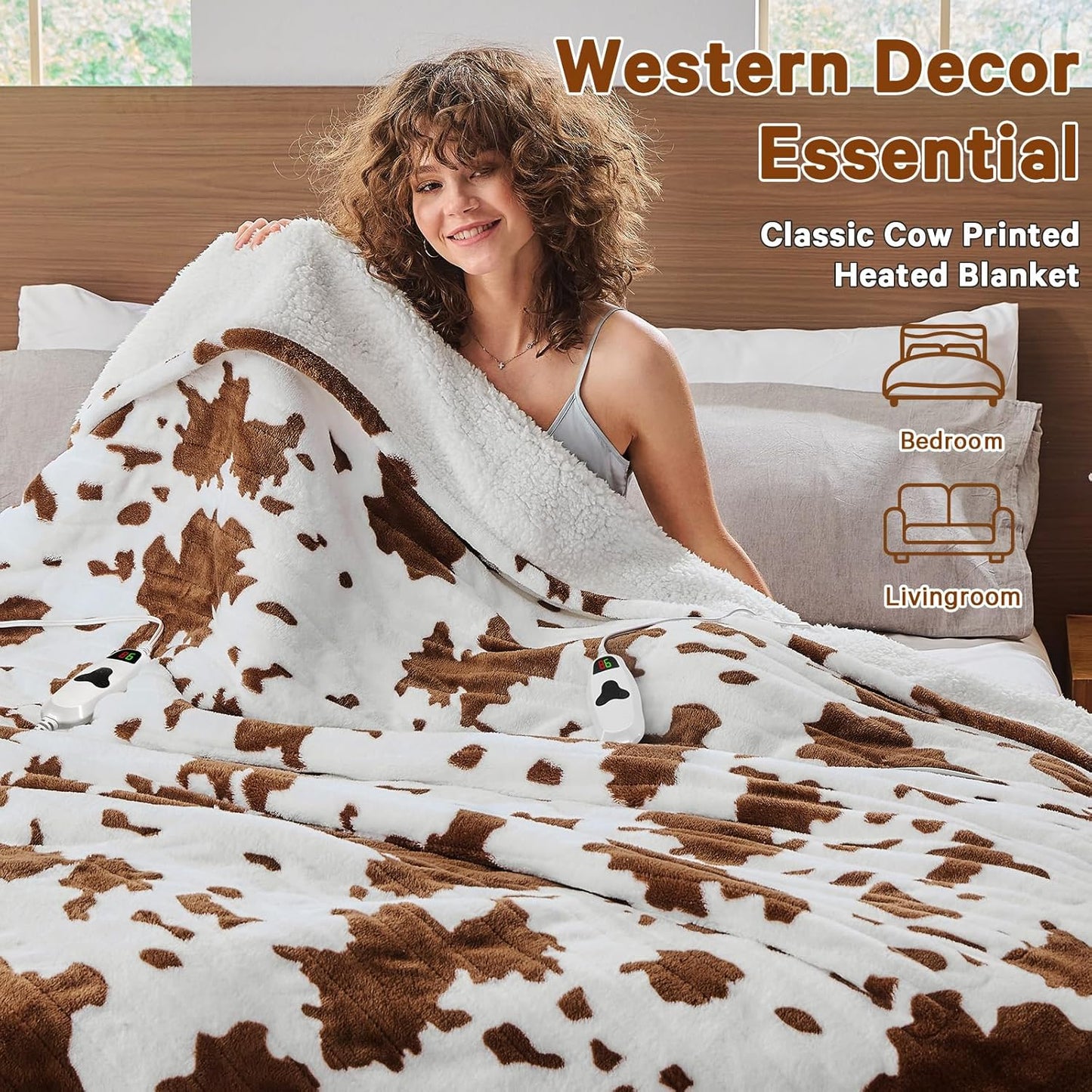 Cow Print Heated Electric Blanket Full Size,72X84 Brown Heating Blanket with 10 Heats Levels & 8 Hours Auto Off,Highland Cow Decor Fleece Sherpa Blankets Warmer Gifts for Women Adults,Washable