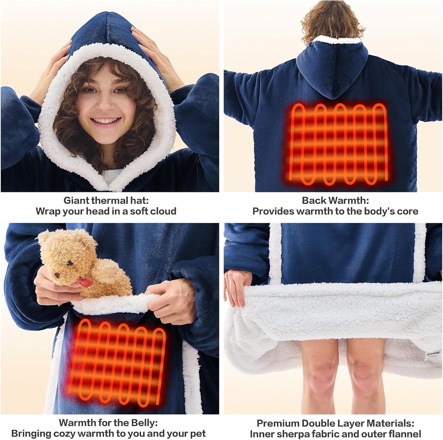 JOYWOO Wearable Heated Blanket Hoodie,Oversized Cordless Portable Heating Hooded Blanket Cat Lovers,Christmas Gifts for Women,Men,Cozy Sherpa Sweatshirt Electric Blankets Throw for Adult Outdoor,Navy