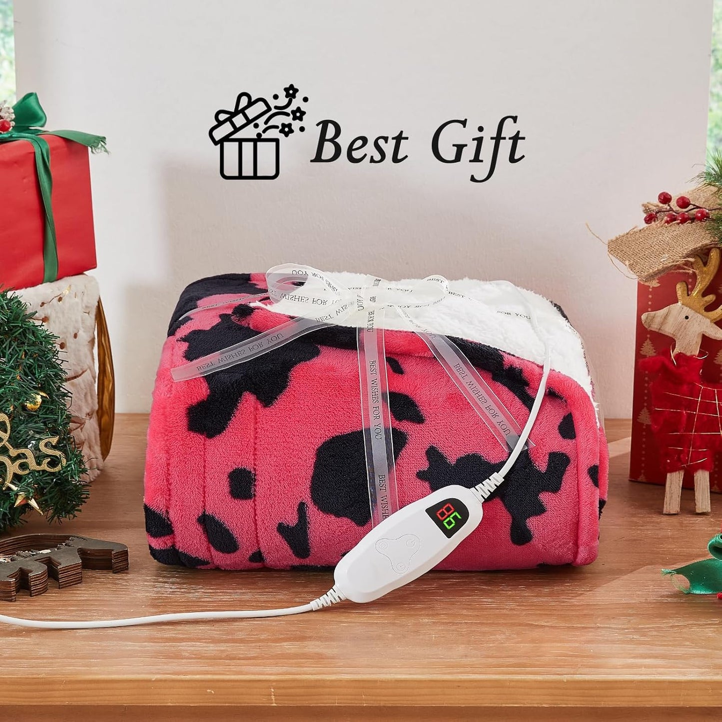Cow Print Electric Heated Blanket Queen Size,84X90 Pink Heating Blanket Queen with Dual Control&Timer&10 Heat Levels,Highland Cow Decor Fleece Sherpa Blankets Warmer Gifts for Bed Women Adults