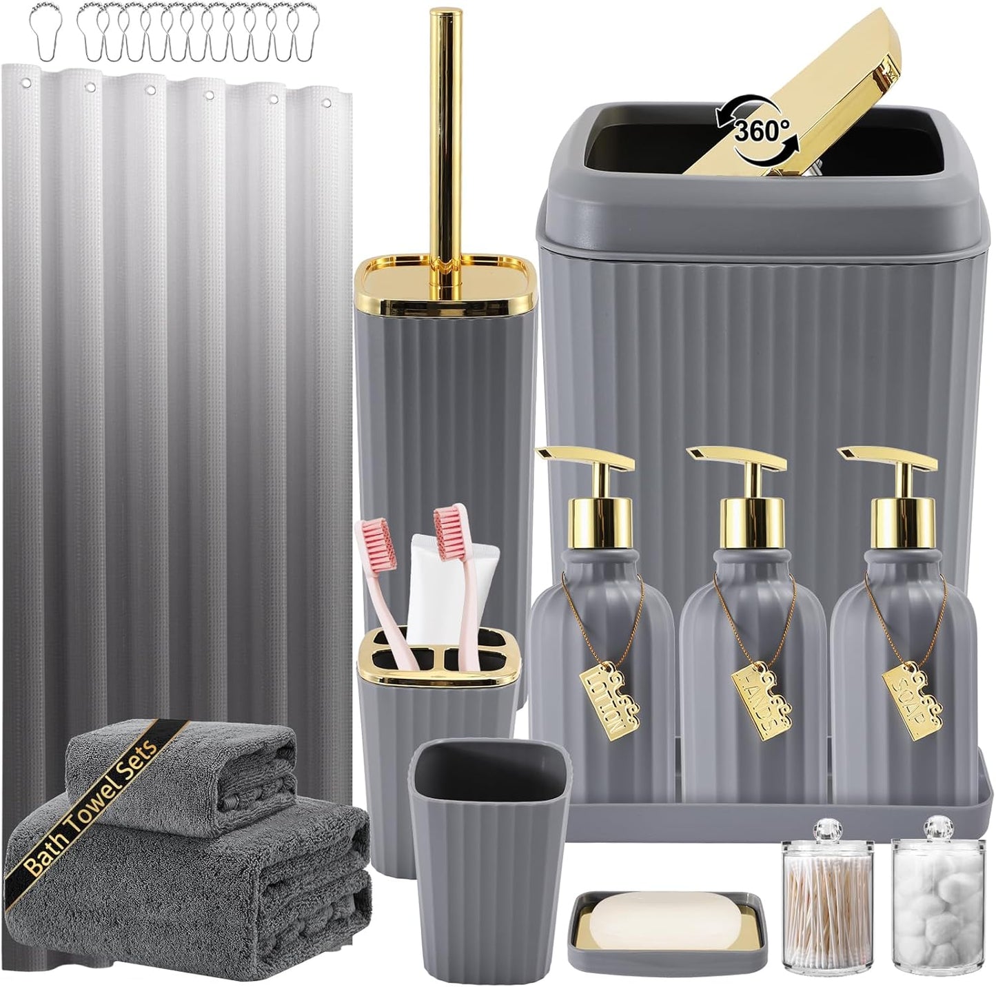 32PCS Bathroom Accessories Set Bathroom Set,Grey Shower Curtain Set,Bath Towel Set,Hand Towel,Toilet Brush,Trash Can & 3PCS Soap Dispenser