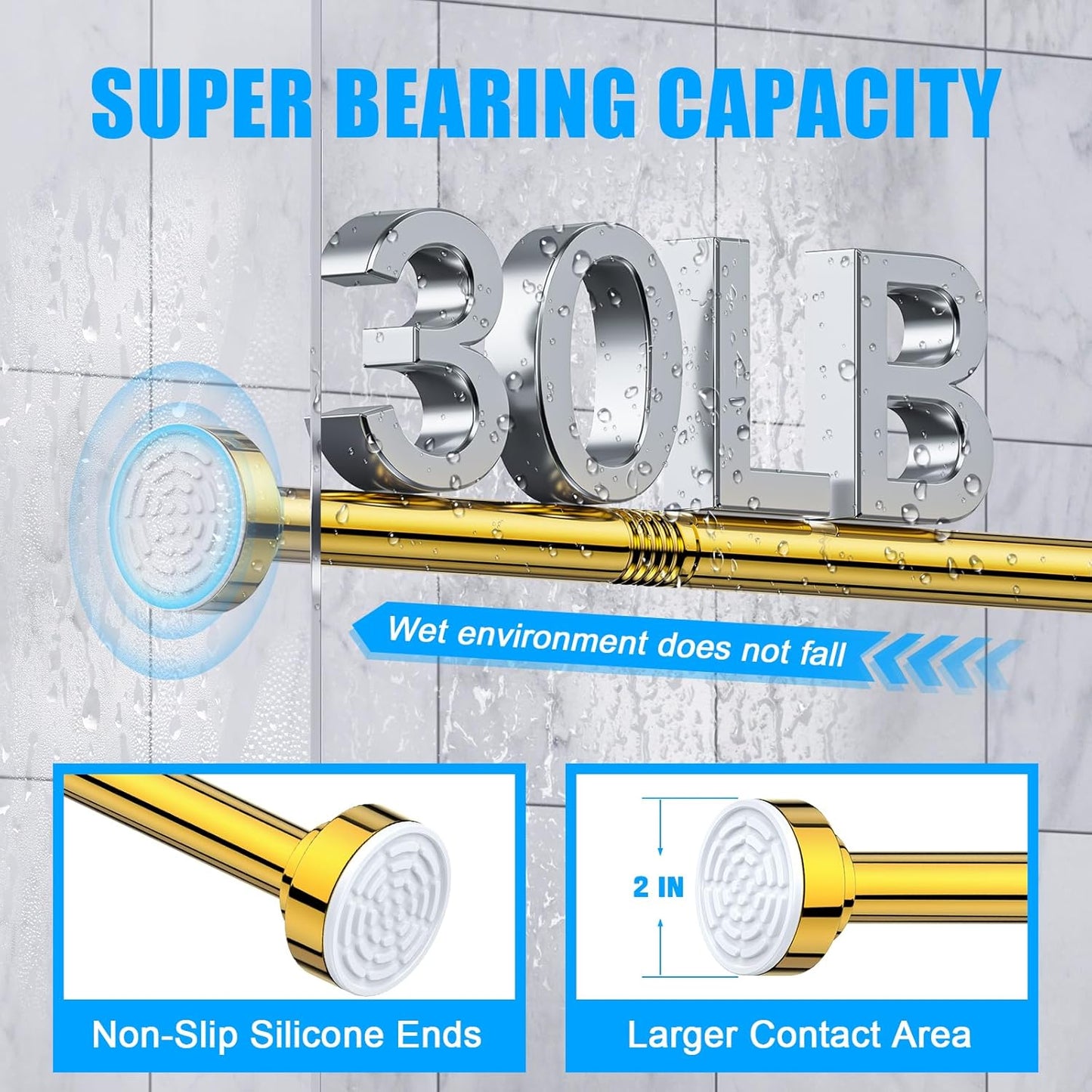 TEECK Shower Curtain Rod, 32-43 inch Adjustable Spring Tension Curtain Rod, Never Rust Anti-Slip Shower Curtain Rod for Bathroom, No Drilling, Never Collapse, Easy to Use, Gold