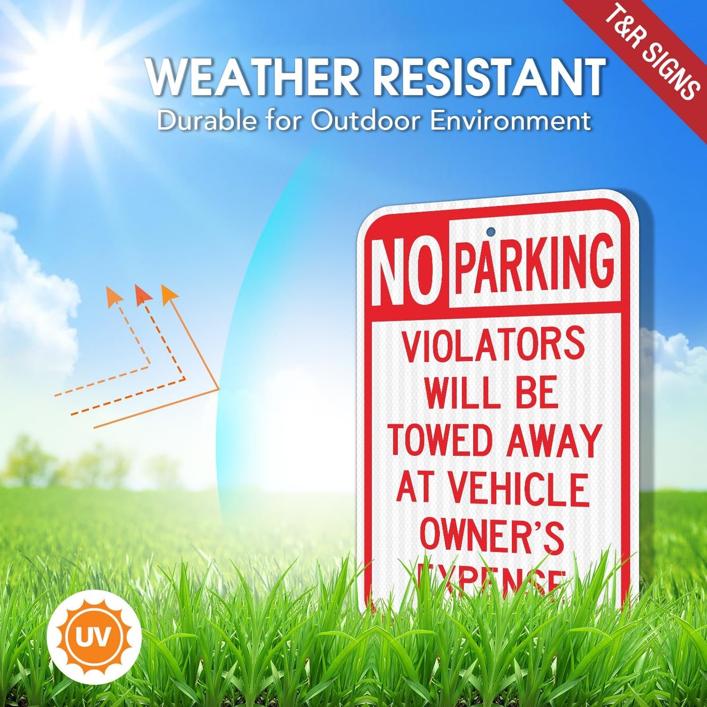 T&R (2 Pack) Large No Parking Sign, Violators Will Be Towed Away at Vehicle Owner's Expense Sign, 18" x 12" Engineer Grade Reflective Sheeting, Rust Free Aluminum, Weather Resistant, Waterproof, Fade Resistant, 2 Pre-drilled Holes